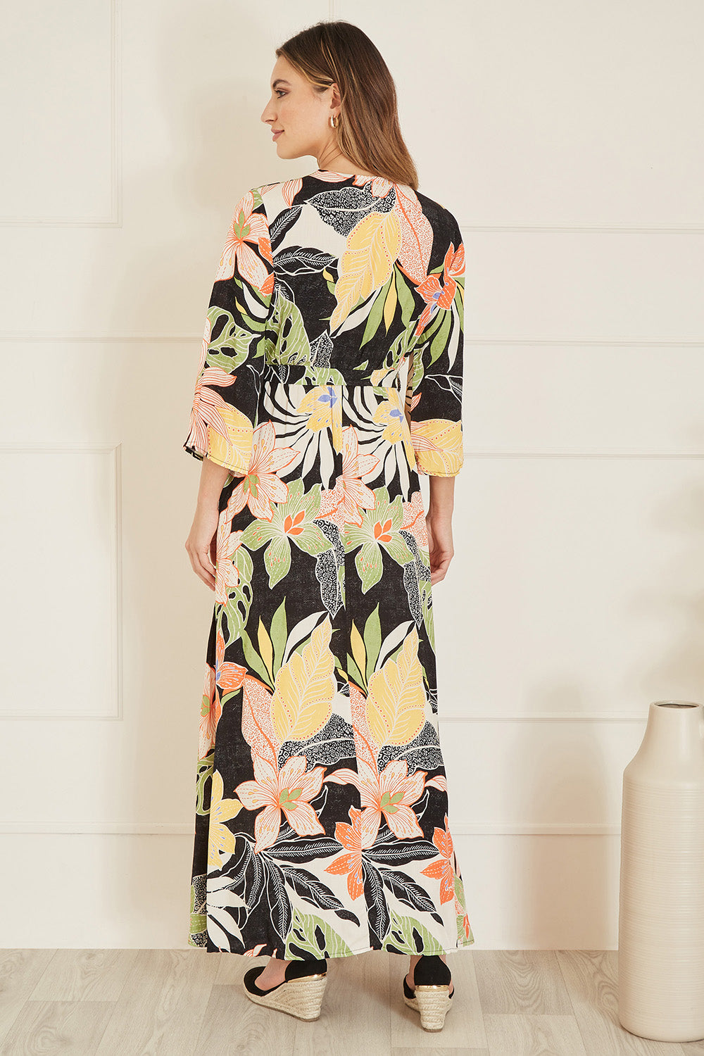 Mela Black Tropical Print Wrap Midi Dress Mela