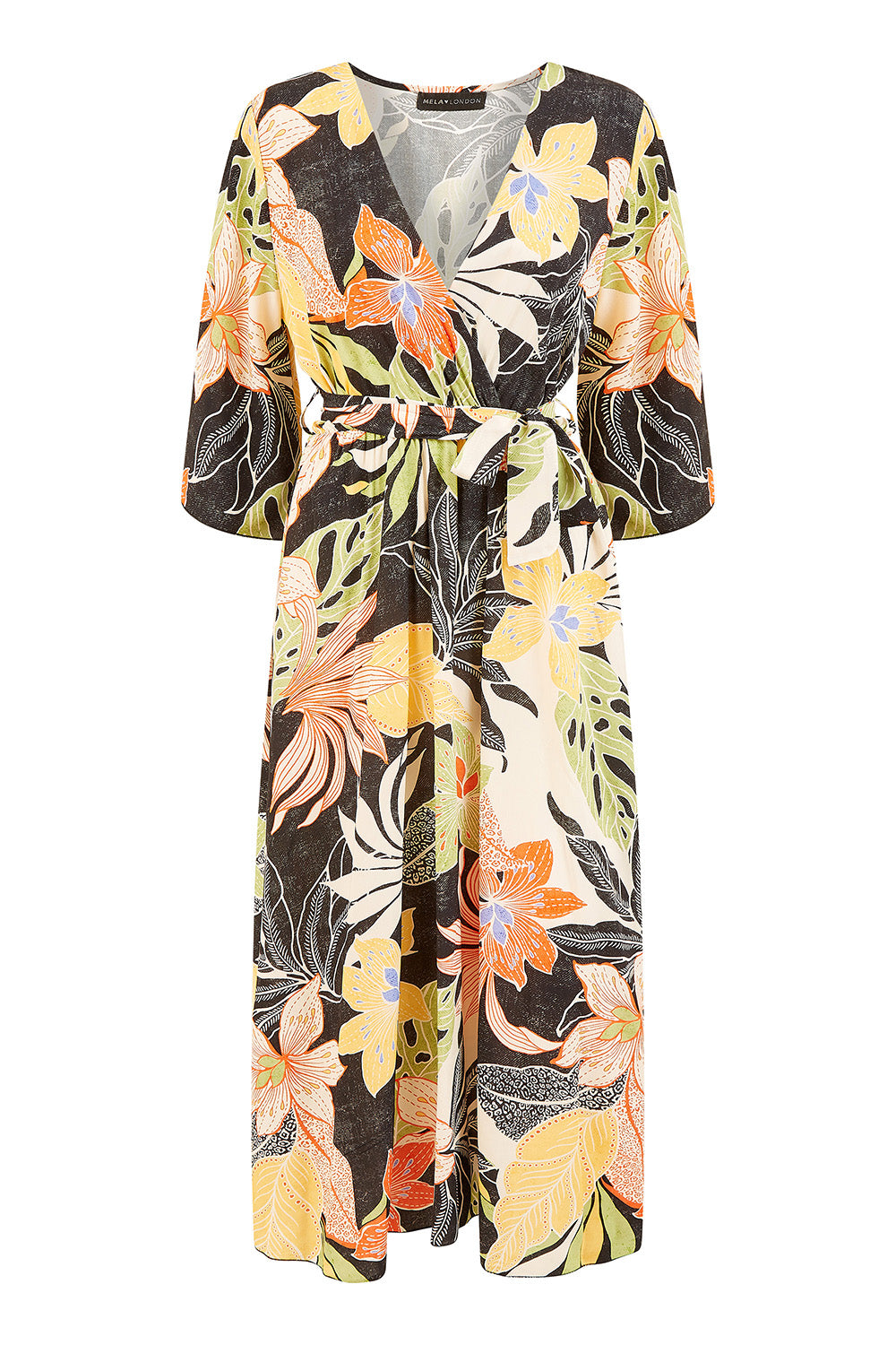 Mela Black Tropical Print Wrap Midi Dress Mela