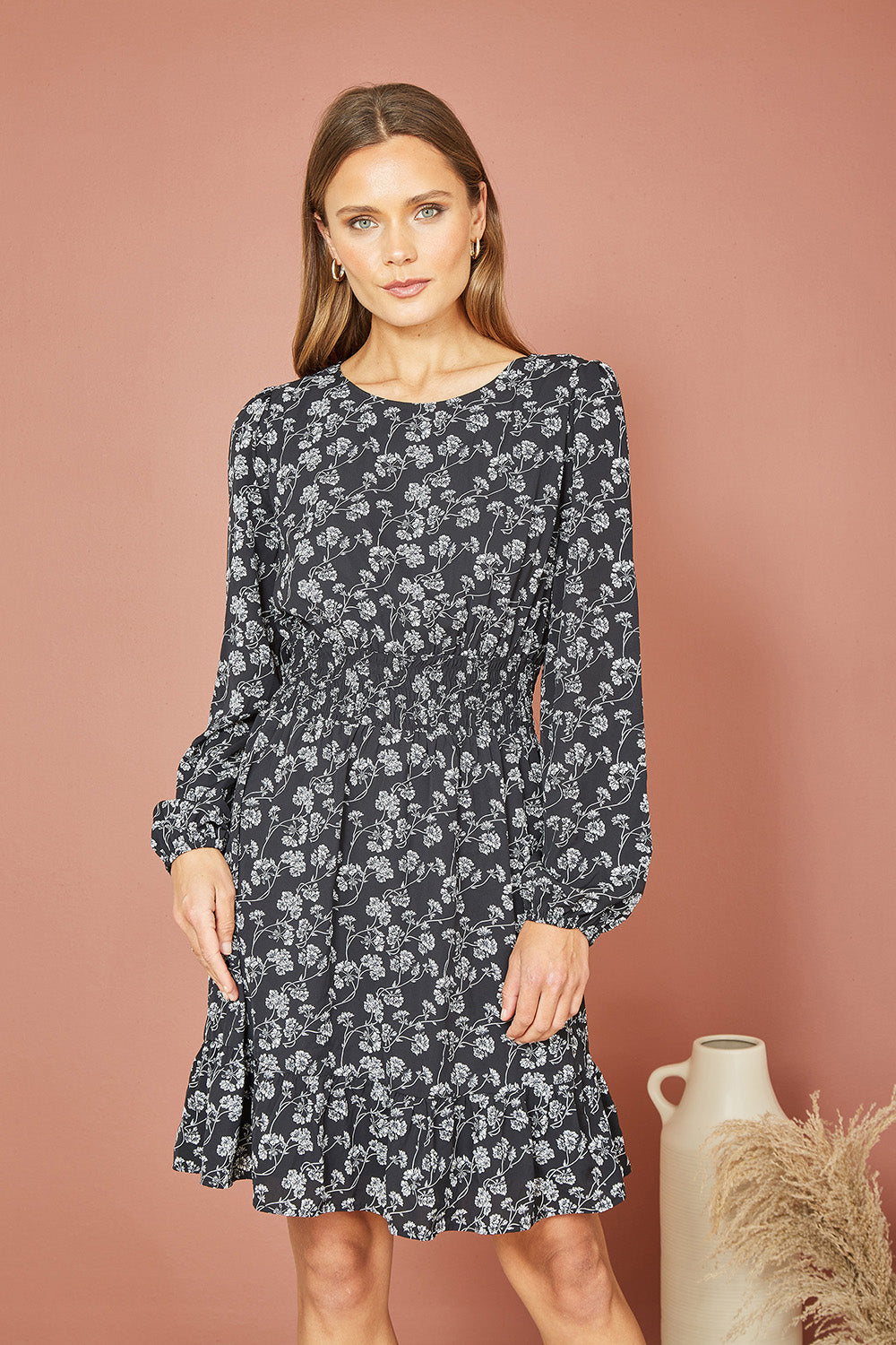 Mela Black Floral Print Ruched Waist Long Sleeve Skater Dress Mela