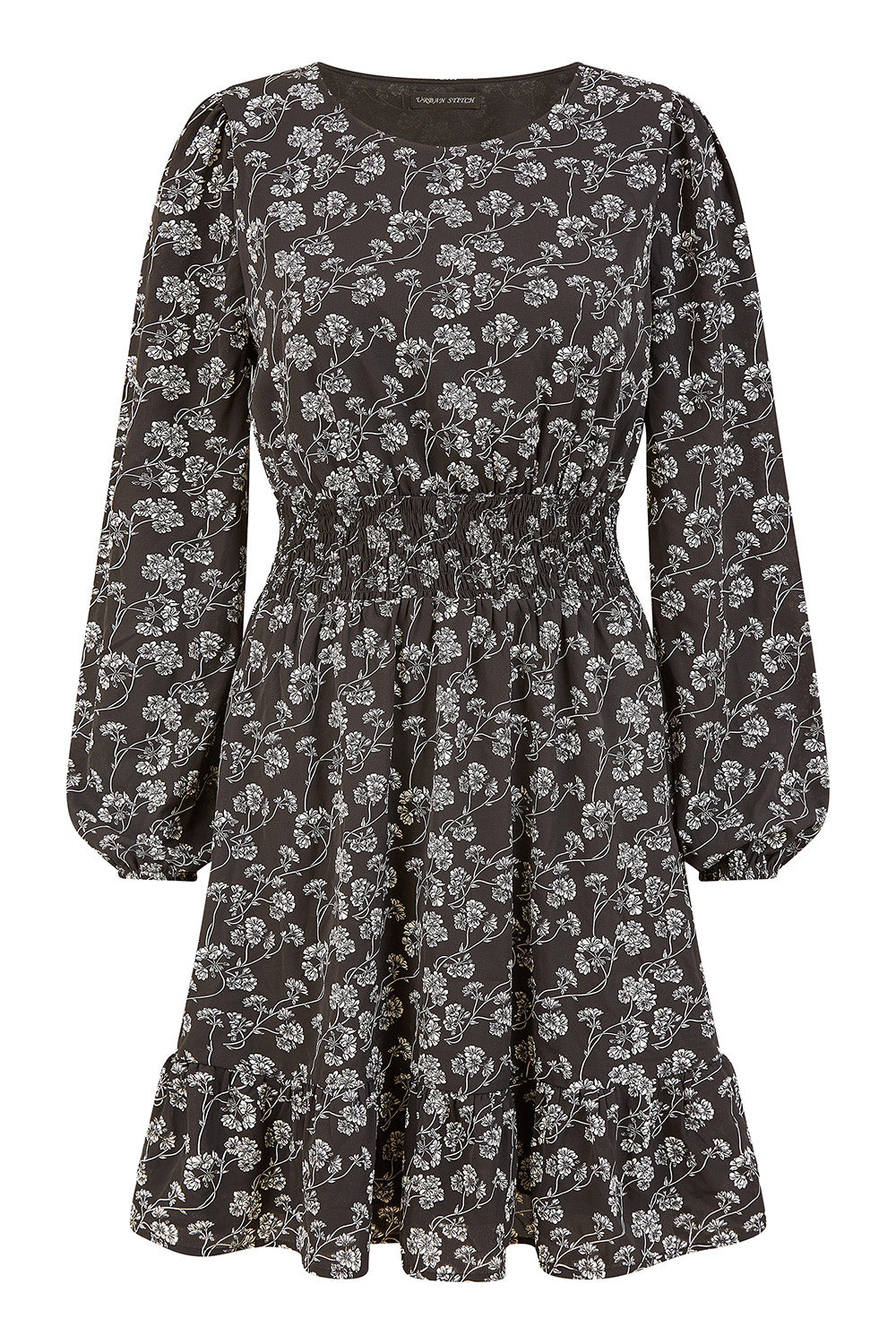 Mela Black Floral Print Ruched Waist Long Sleeve Skater Dress Mela