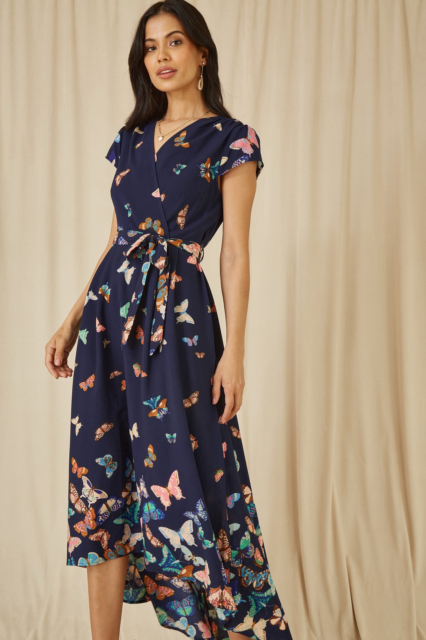 Yumi Navy Butterfly Print Dip Hem Midi Wrap Dress DRES Day Yumi