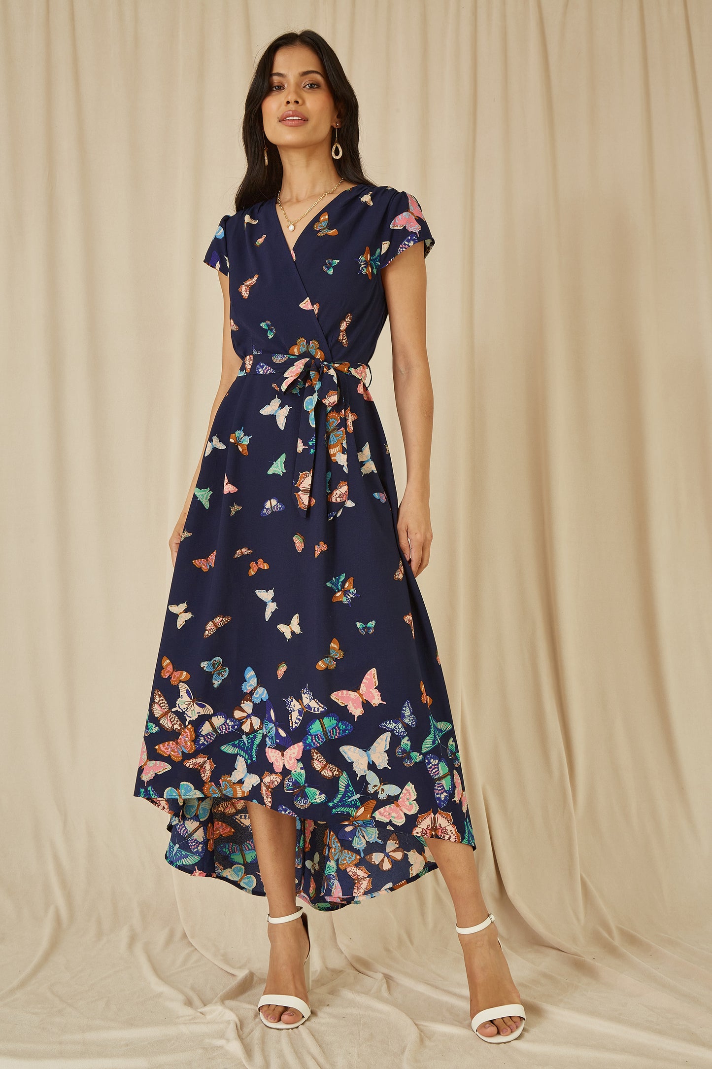 Yumi Navy Butterfly Print Dip Hem Midi Wrap Dress DRES Day Yumi