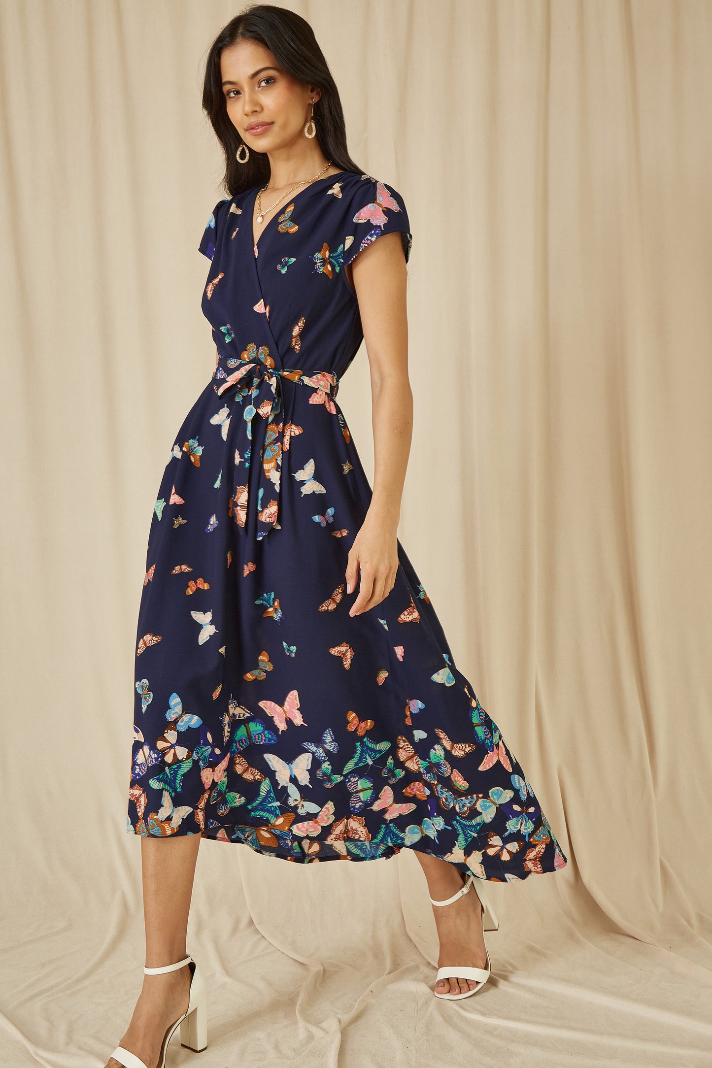 Yumi Navy Butterfly Print Dip Hem Midi Wrap Dress DRES Day Yumi