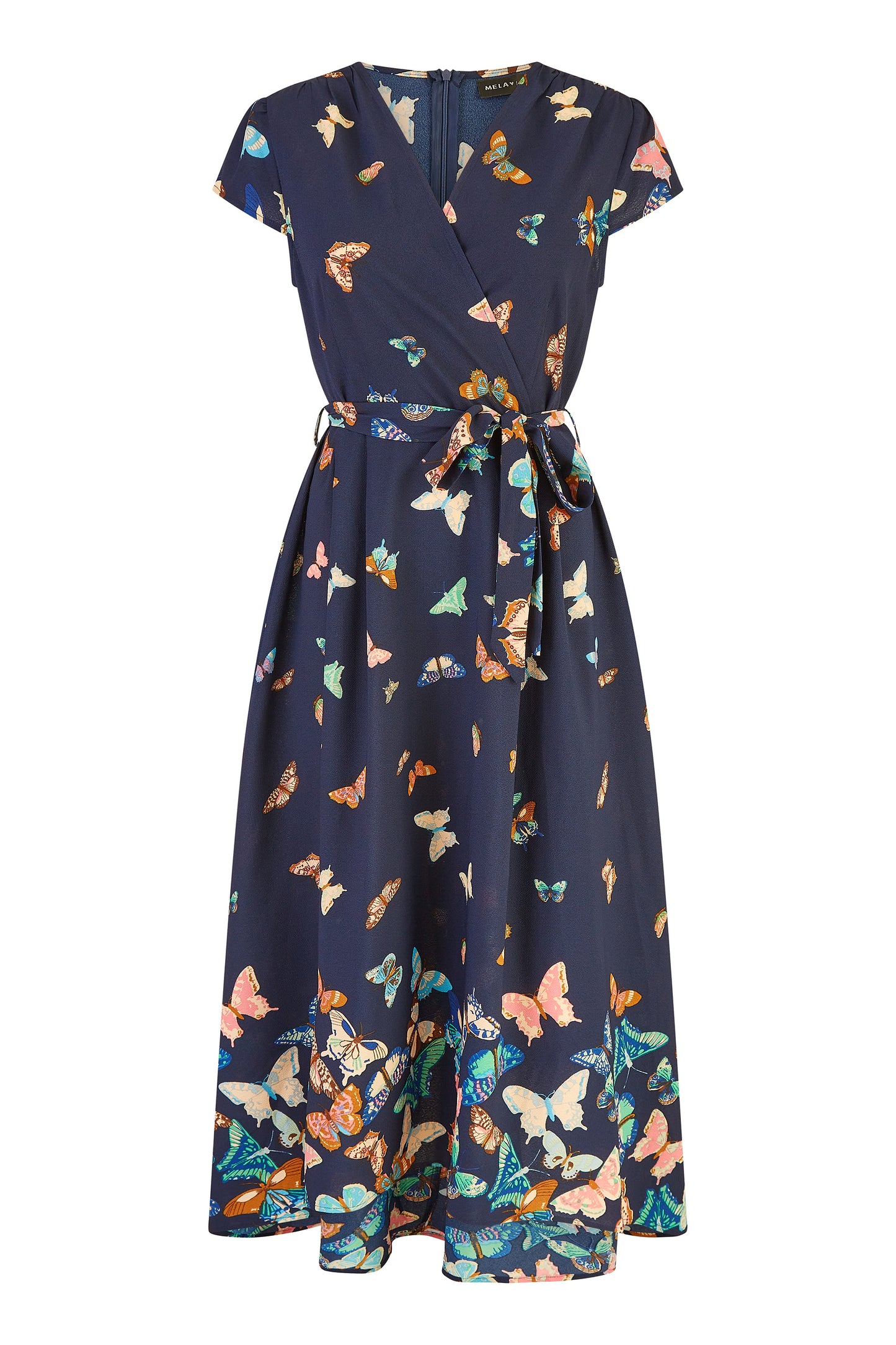 Yumi Navy Butterfly Print Dip Hem Midi Wrap Dress DRES Day Yumi