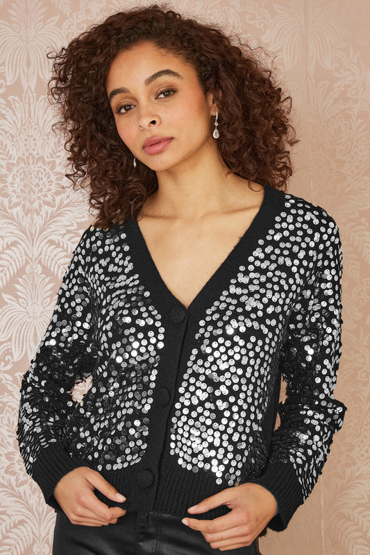 Mela Black Sequin Knitted Cardigan Mela