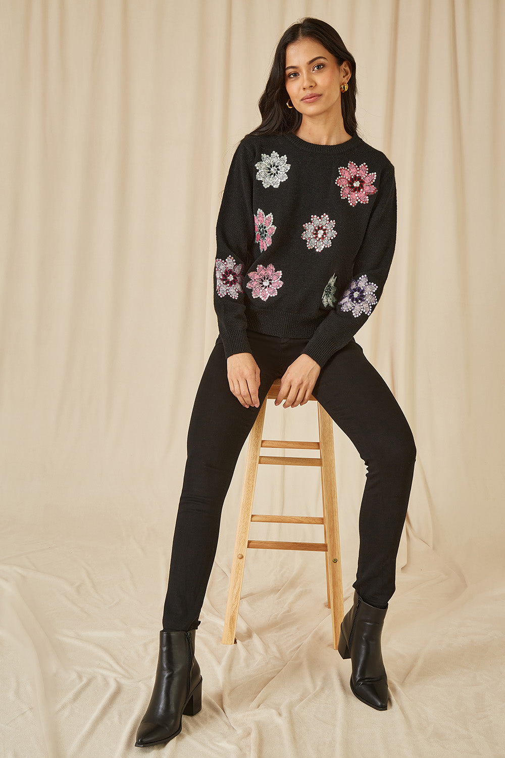 Mela Black Sequin Flower Jumper Mela