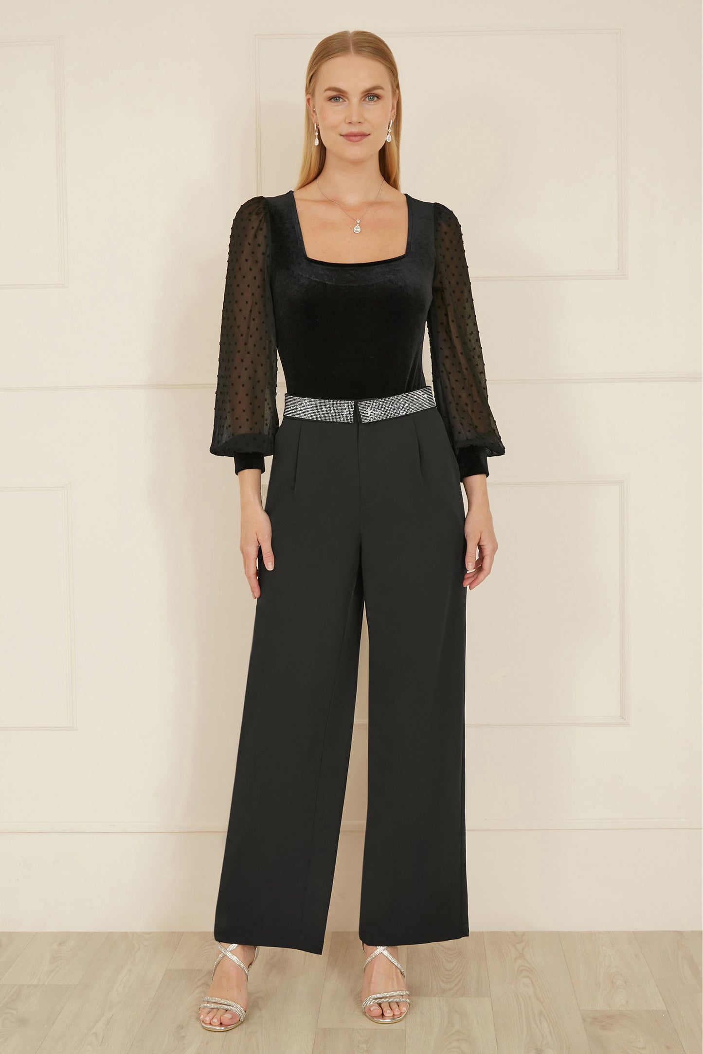 Mela Black Velvet Bodysuit With Sheer Sleeves And Square Neckline Mela