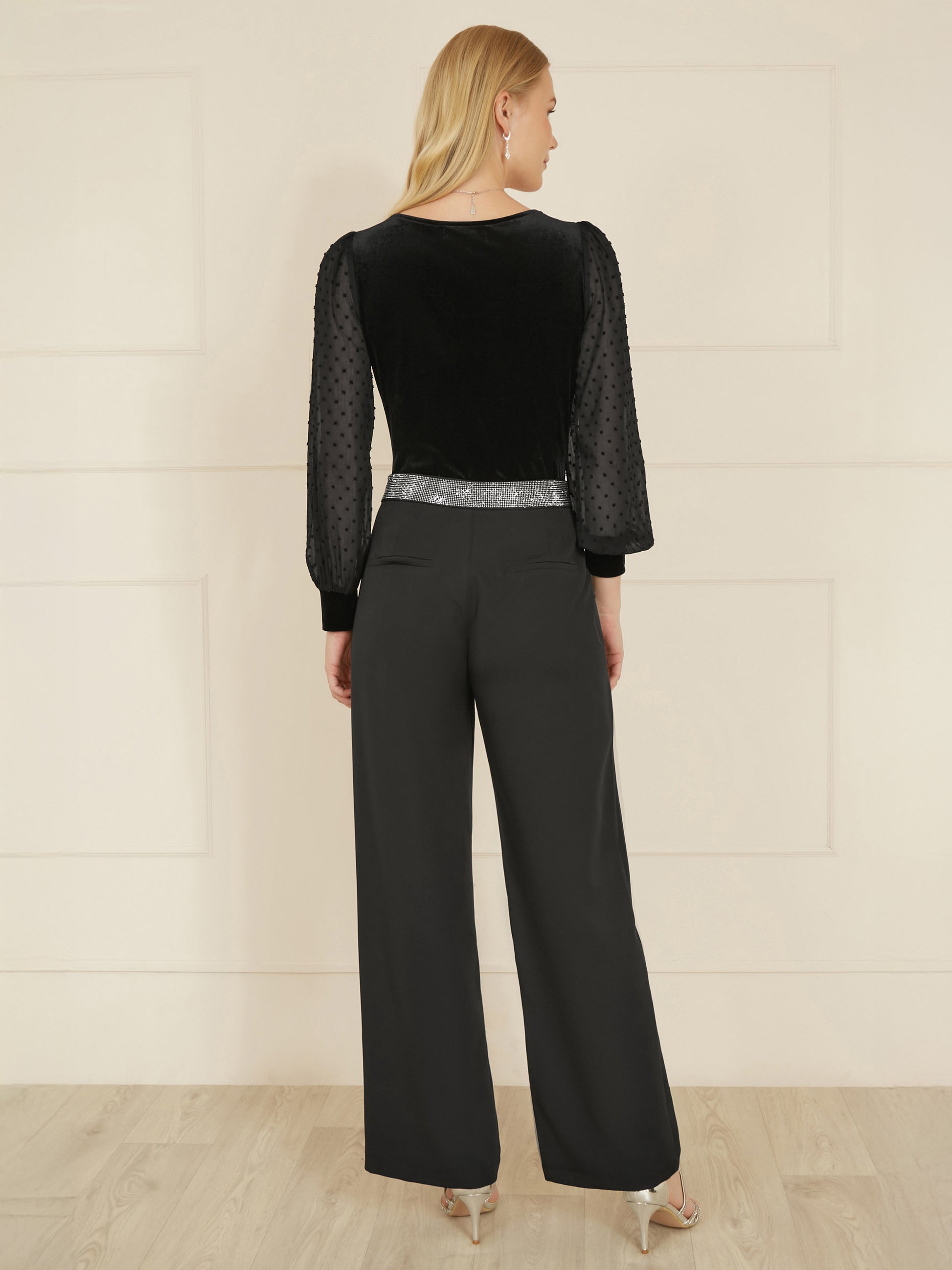 Mela Black Velvet Bodysuit With Sheer Sleeves And Square Neckline Mela