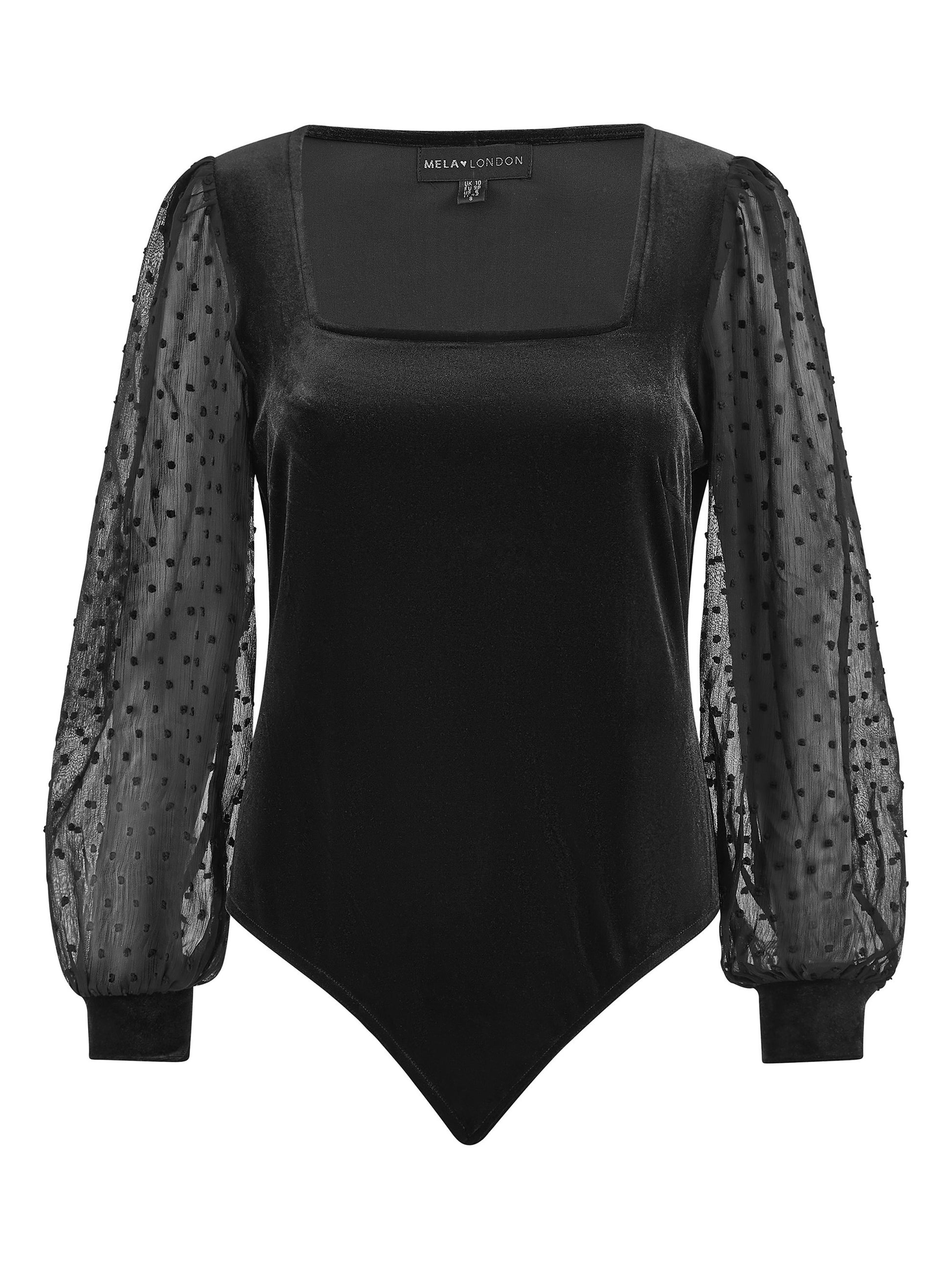 Mela Black Velvet Bodysuit With Sheer Sleeves And Square Neckline Mela