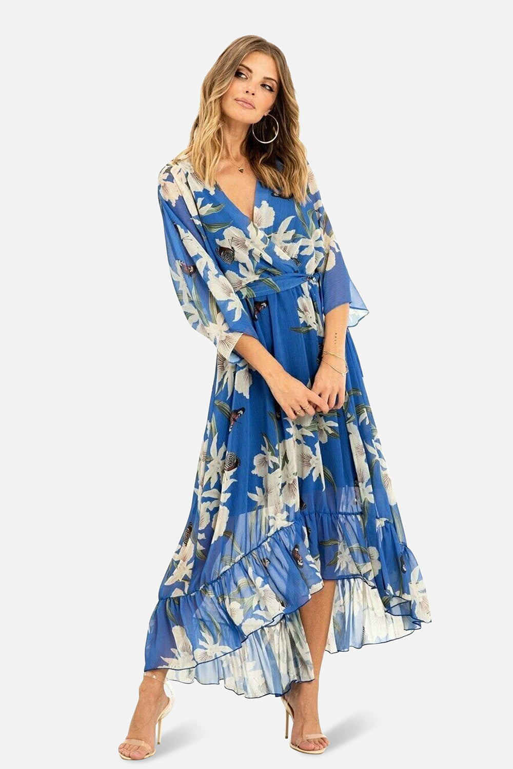 Yumi Blue Floral Kimono Sleeves Dip Hem Wrap Midi Dress Yumi