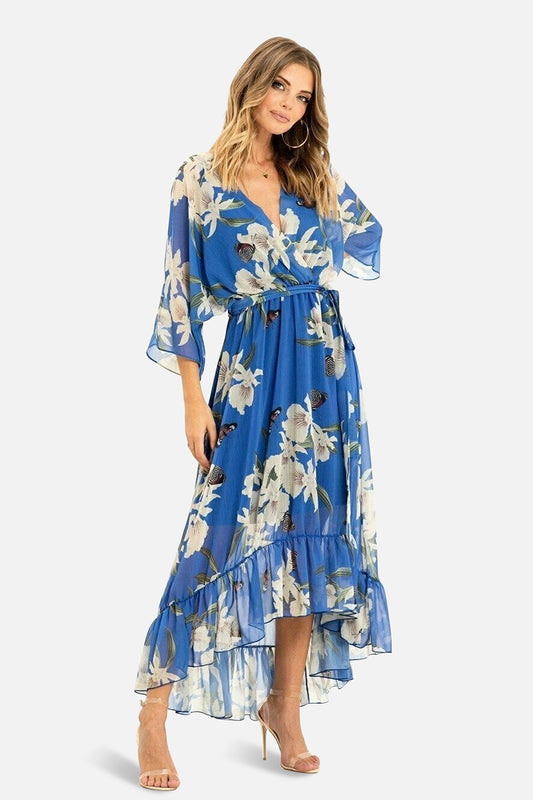 Yumi Blue Floral Kimono Sleeves Dip Hem Wrap Midi Dress Yumi