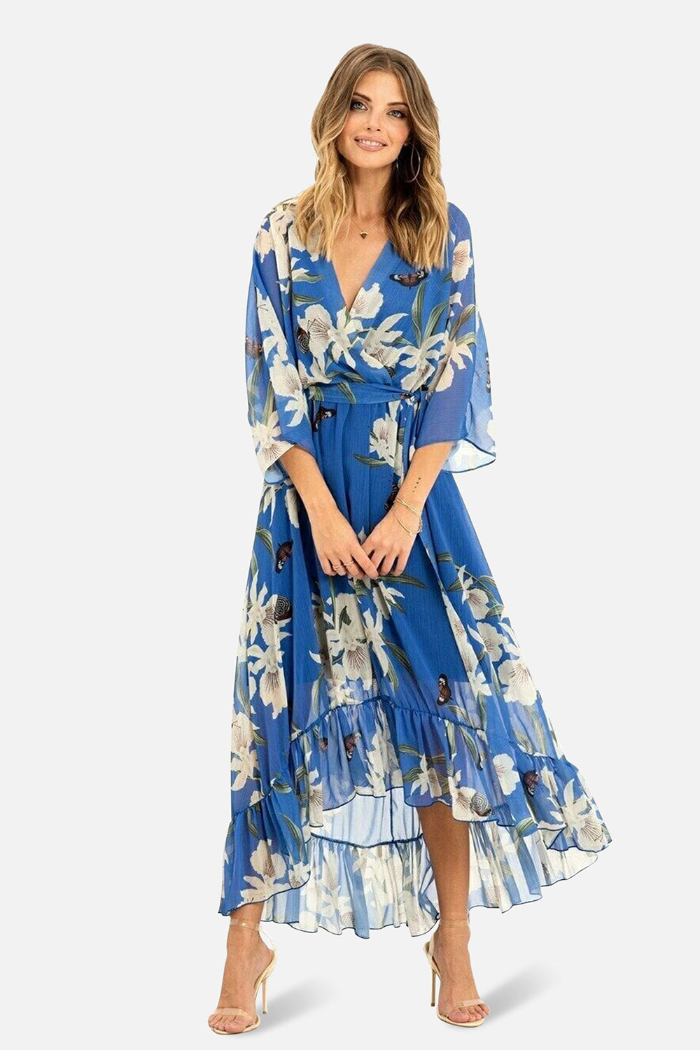 Yumi Blue Floral Kimono Sleeves Dip Hem Wrap Midi Dress Yumi