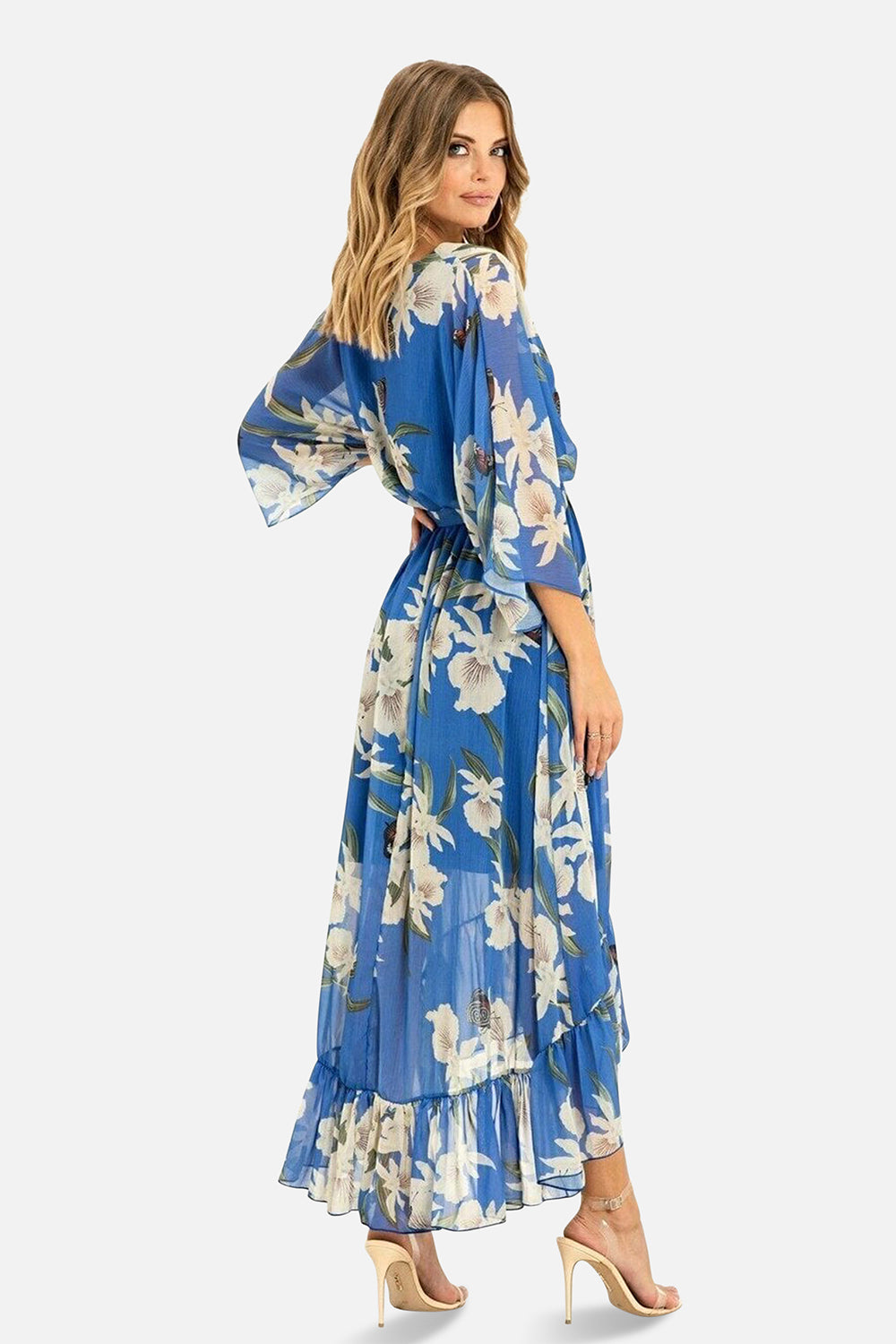 Yumi Blue Floral Kimono Sleeves Dip Hem Wrap Midi Dress Yumi