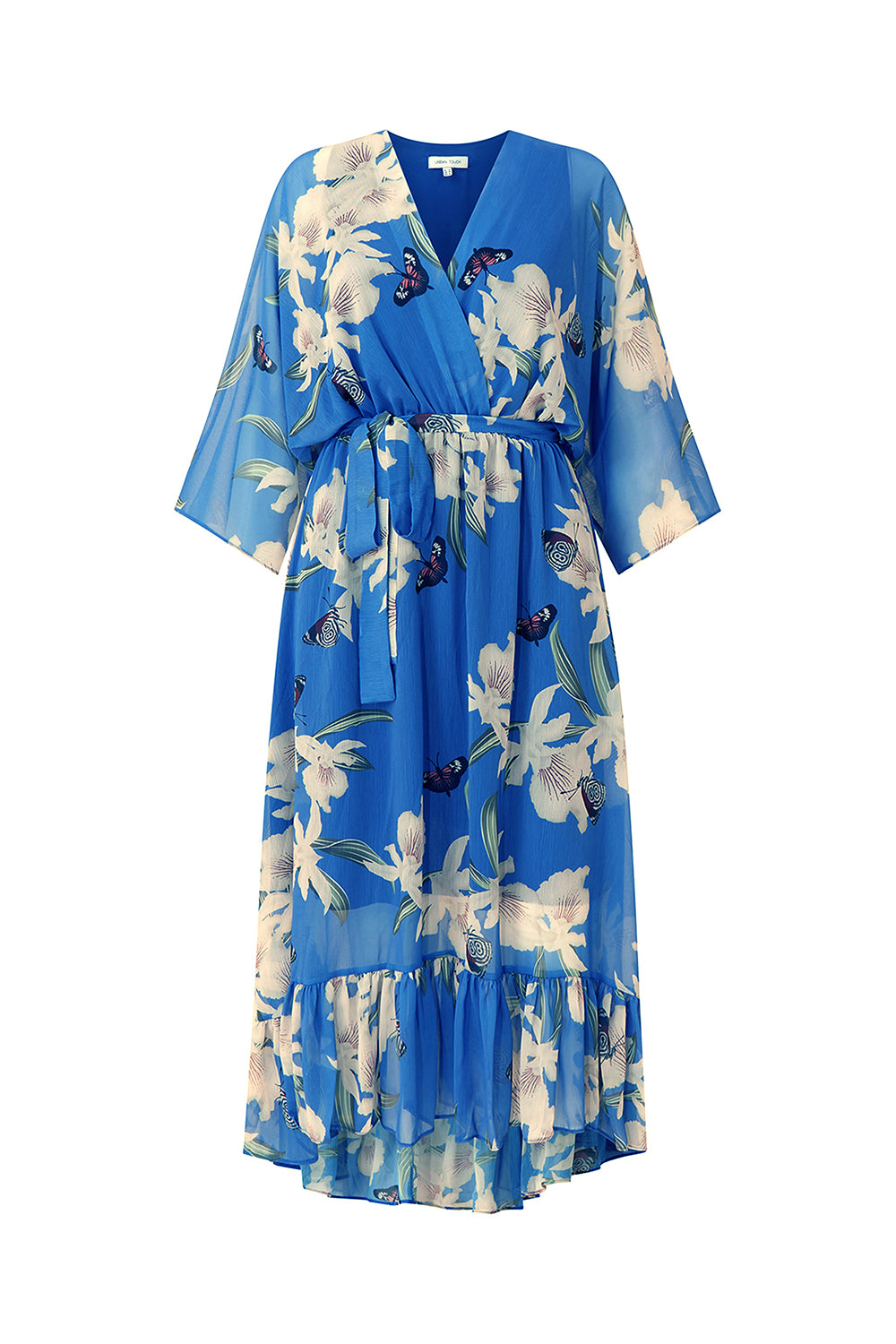 Yumi Blue Floral Kimono Sleeves Dip Hem Wrap Midi Dress Yumi