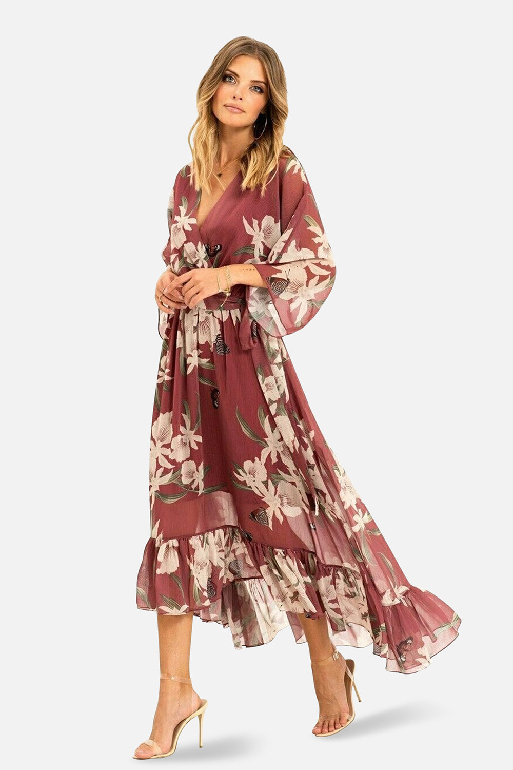 Rose Pink Floral Kimono Sleeves Dip Hem Wrap Midi Dress Yumi