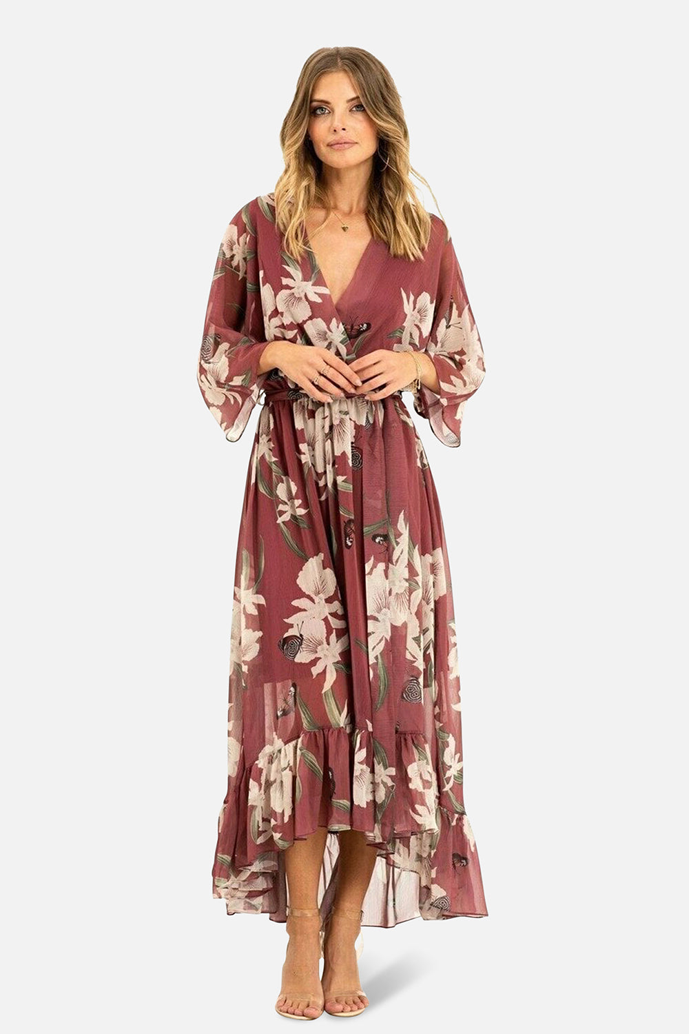 Rose Pink Floral Kimono Sleeves Dip Hem Wrap Midi Dress Yumi