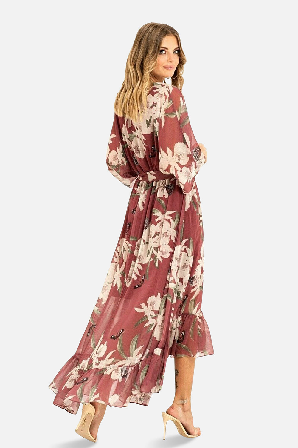 Rose Pink Floral Kimono Sleeves Dip Hem Wrap Midi Dress Yumi