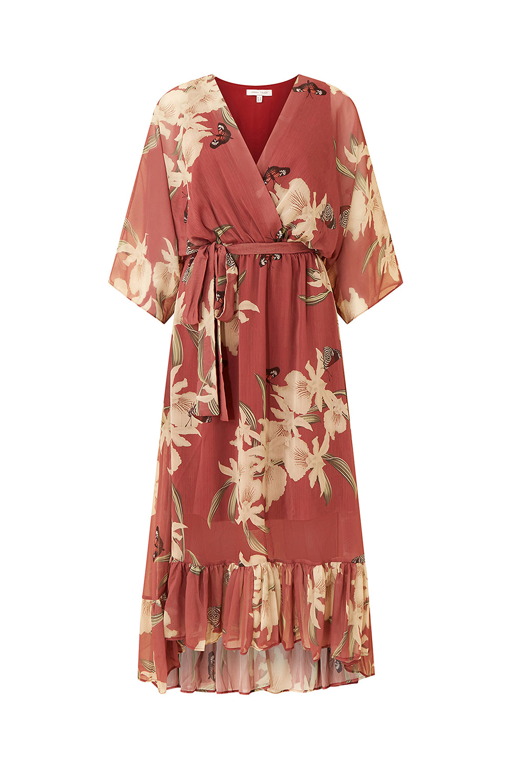 Rose Pink Floral Kimono Sleeves Dip Hem Wrap Midi Dress Yumi