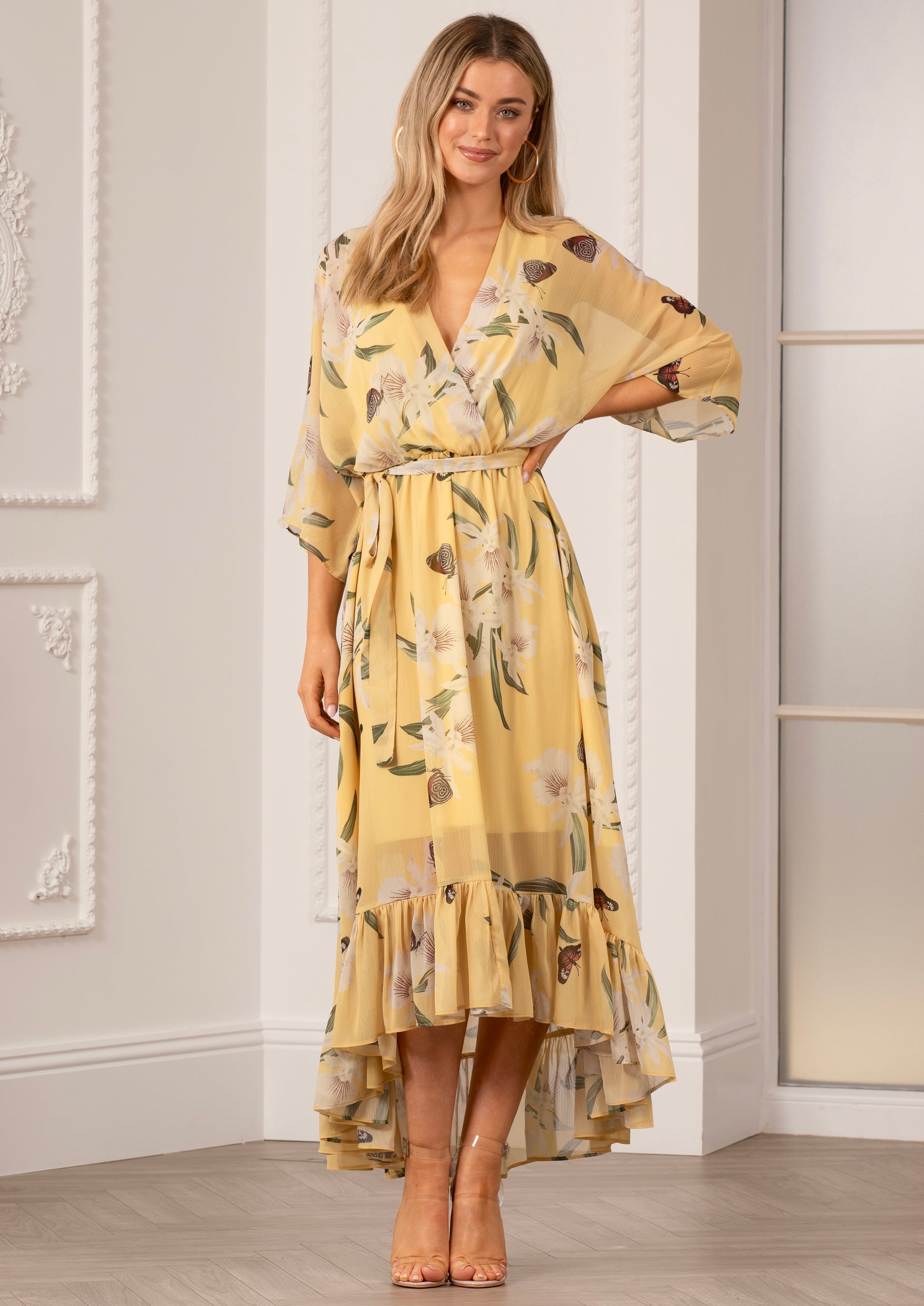 Yellow Floral Kimono Sleeves Dip Hem Wrap Midi Dress Yumi Yellow 6