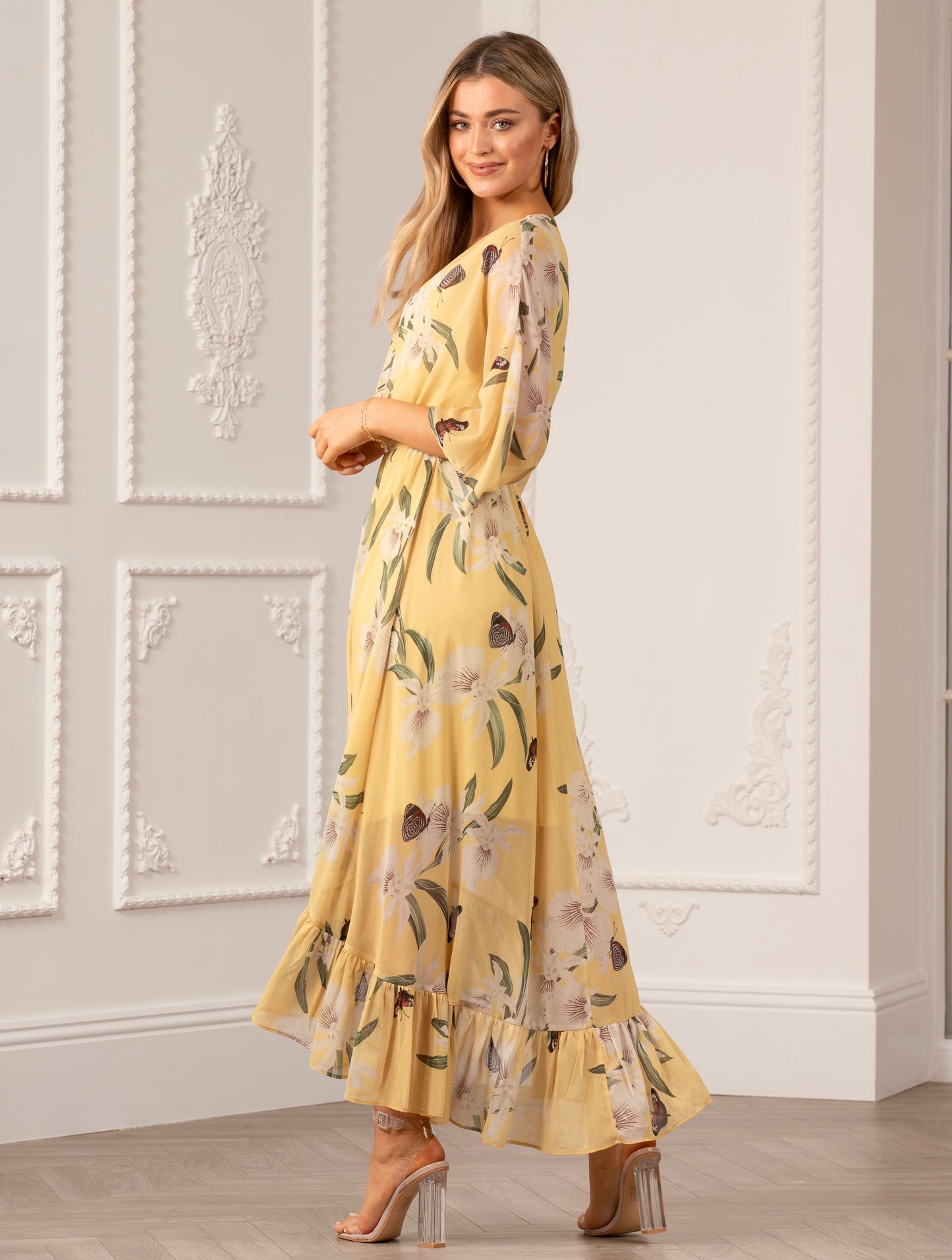 Yellow Floral Kimono Sleeves Dip Hem Wrap Midi Dress Yumi