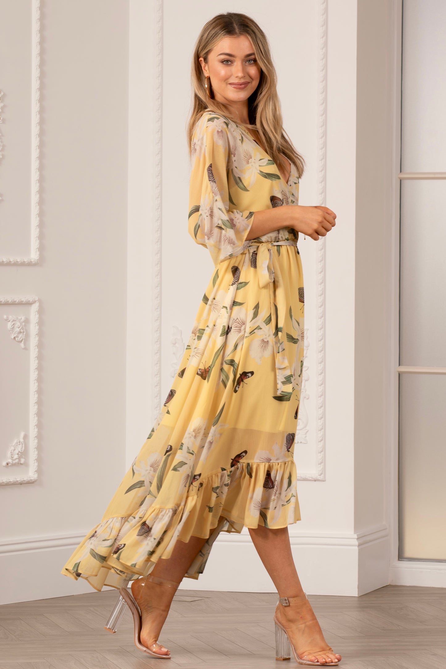 Yellow Floral Kimono Sleeves Dip Hem Wrap Midi Dress Yumi