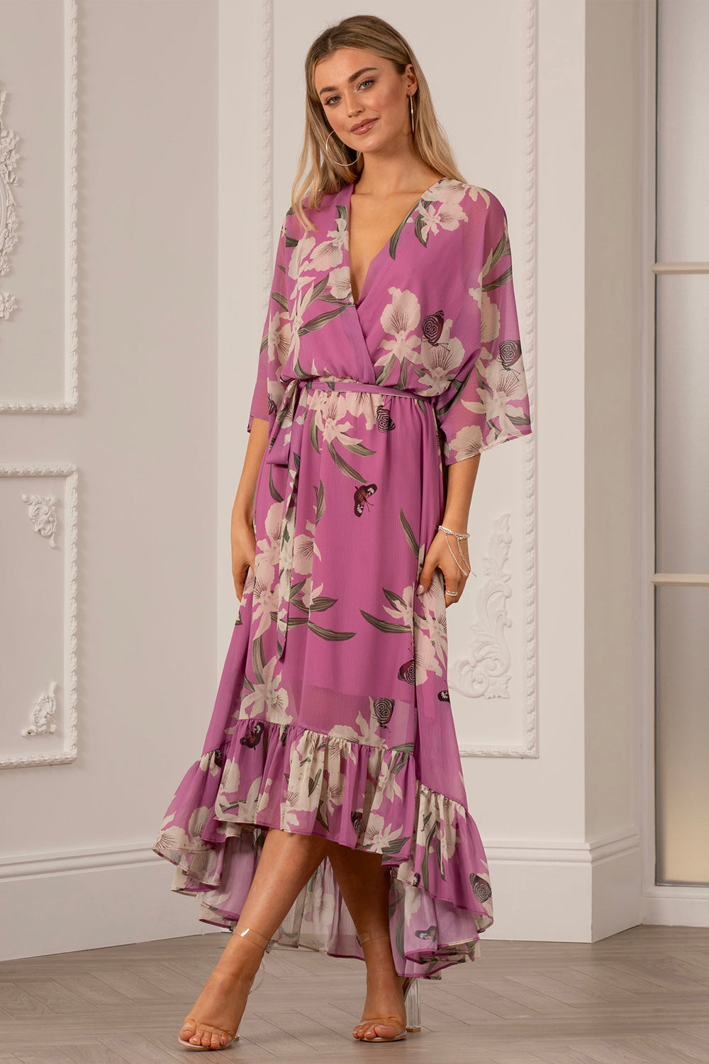 Soft Pink Floral Kimono Sleeves Dip Hem Wrap Midi Dress Yumi