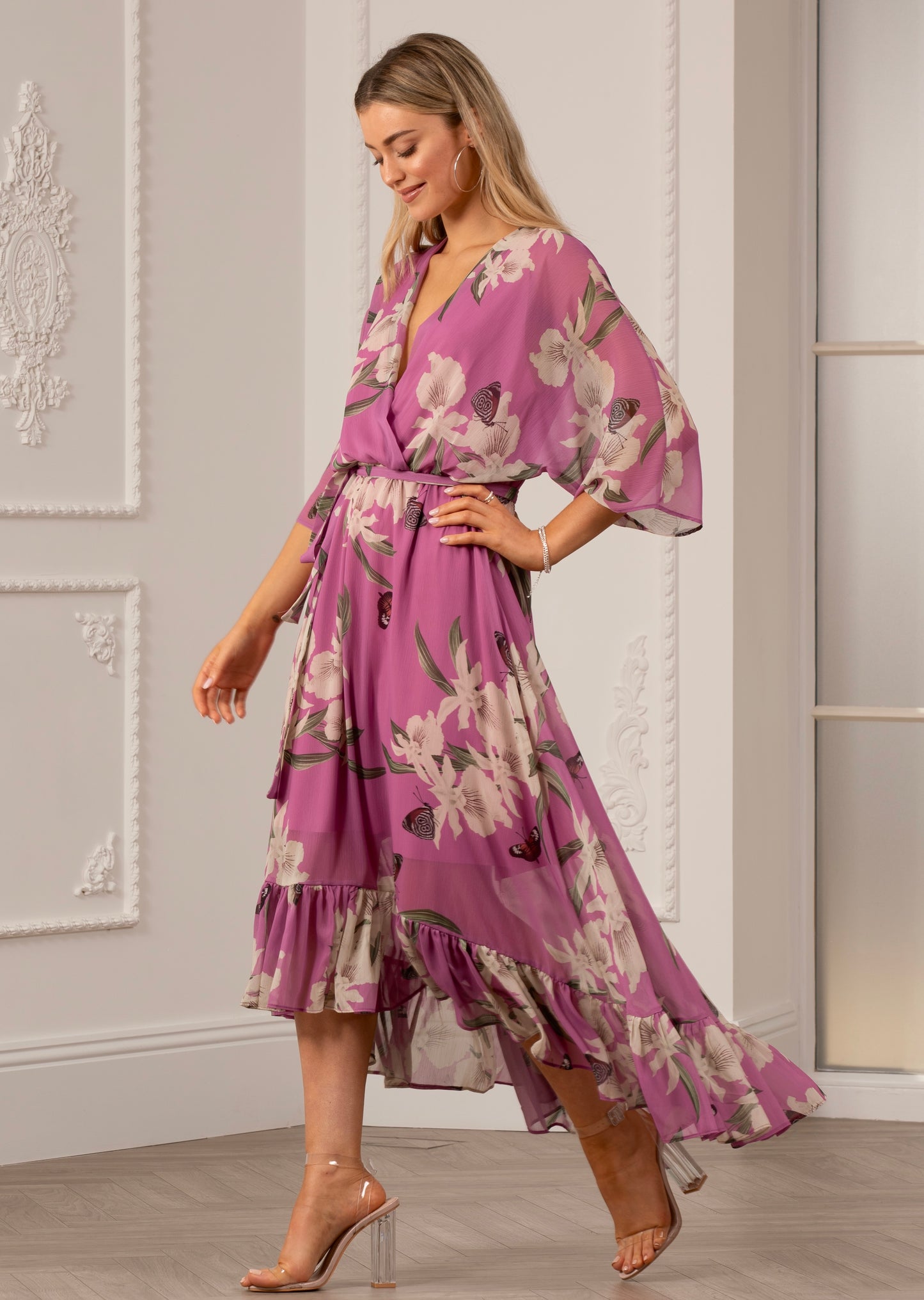 Soft Pink Floral Kimono Sleeves Dip Hem Wrap Midi Dress Yumi