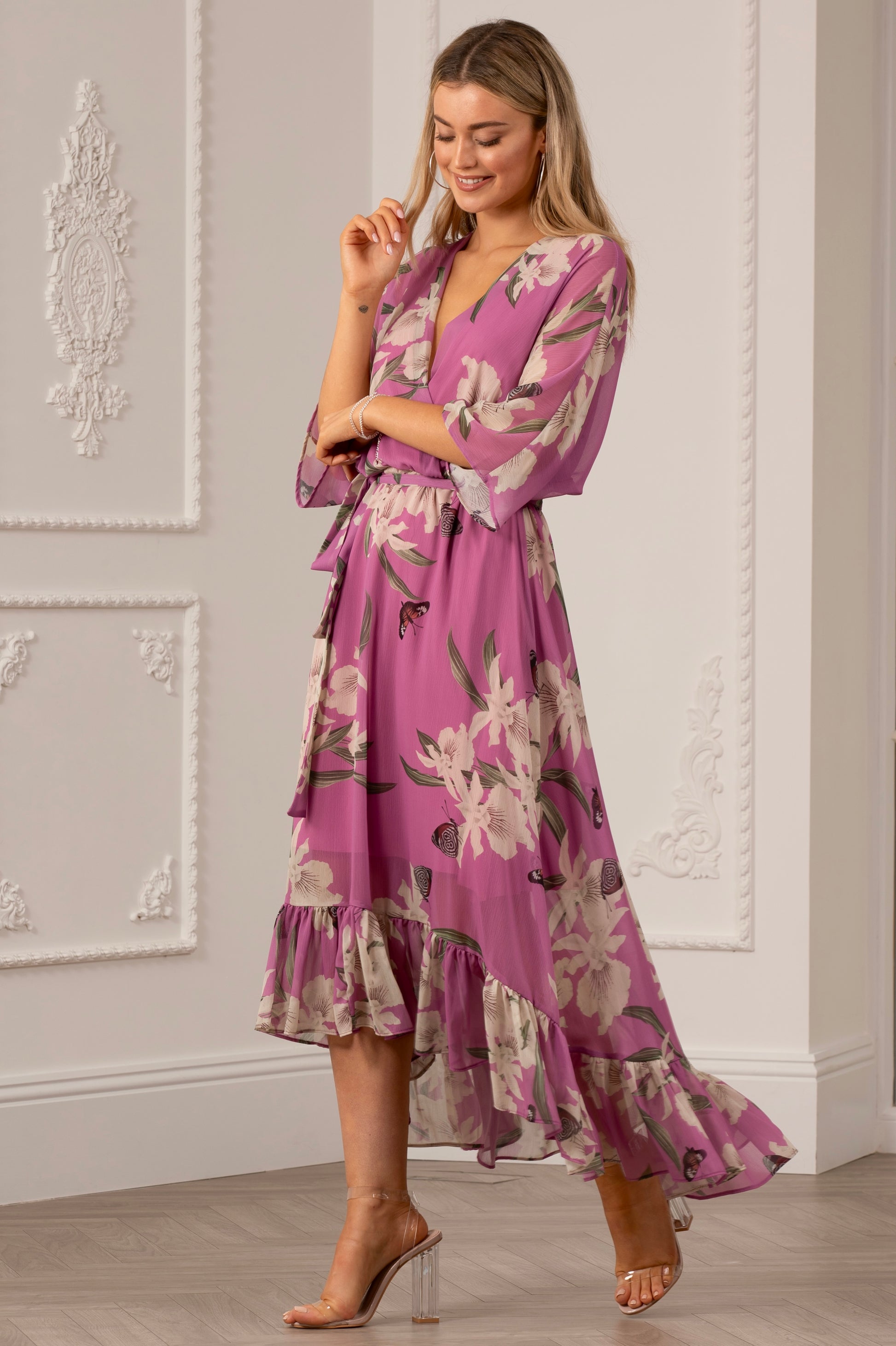 Soft Pink Floral Kimono Sleeves Dip Hem Wrap Midi Dress Yumi