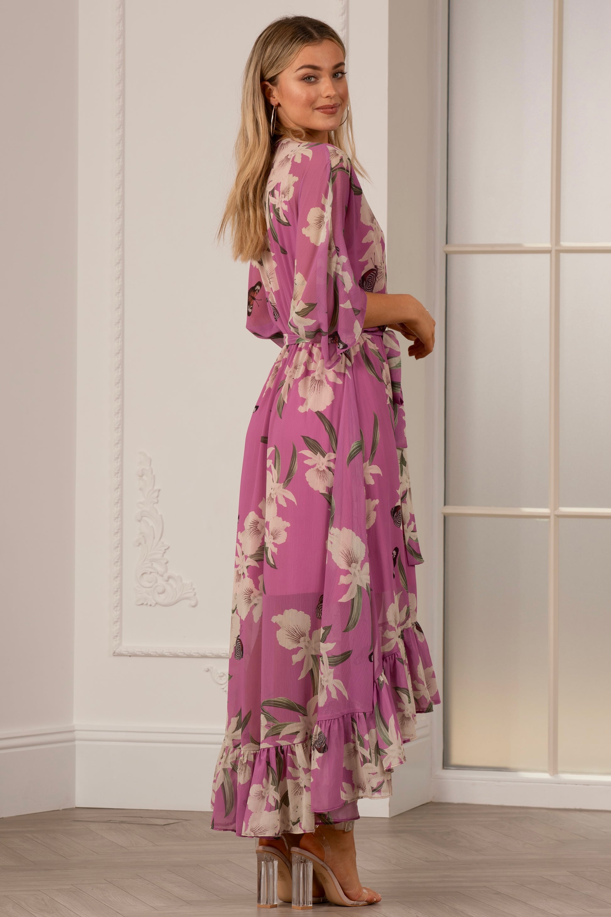 Soft Pink Floral Kimono Sleeves Dip Hem Wrap Midi Dress Yumi