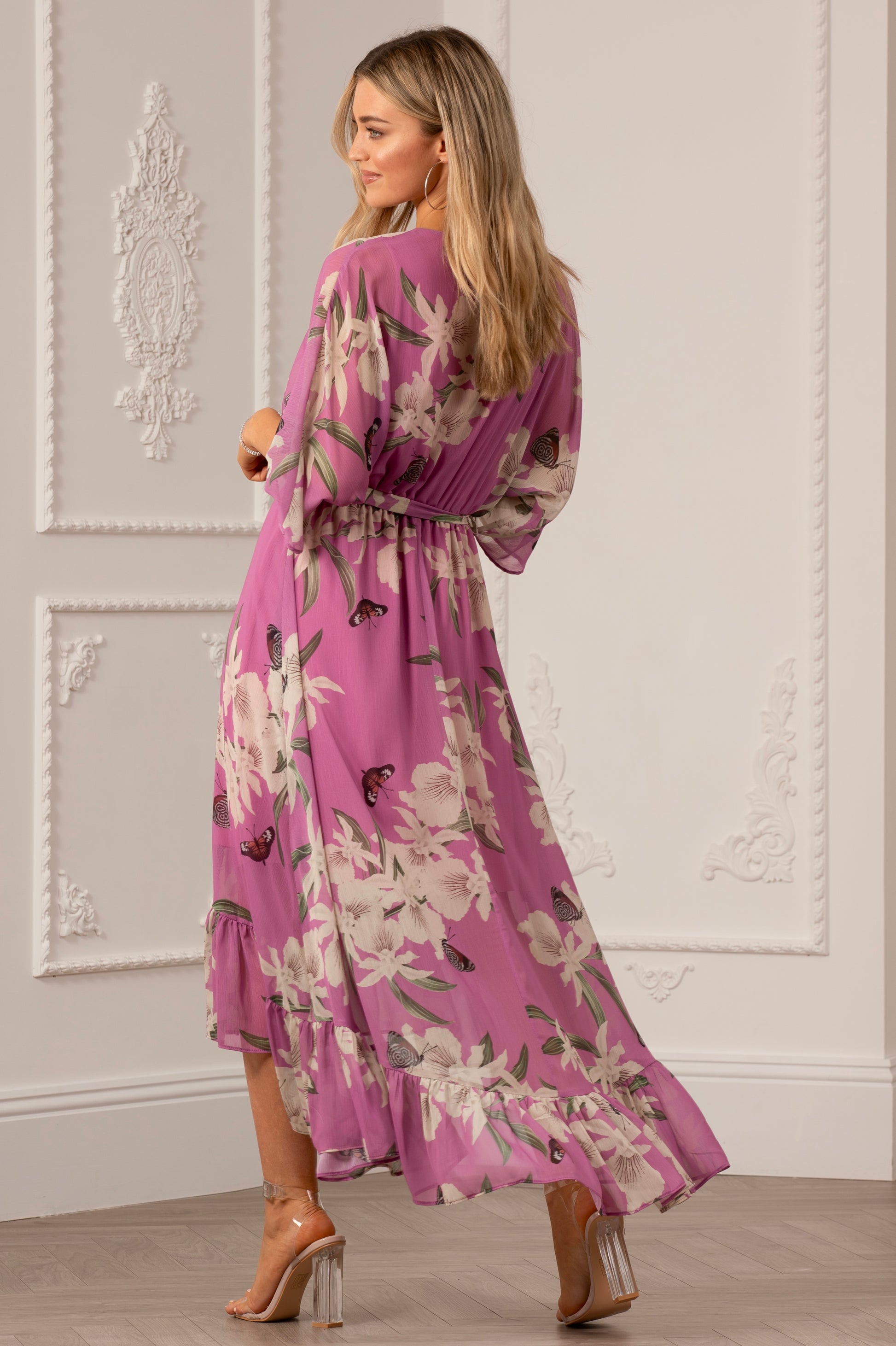 Soft Pink Floral Kimono Sleeves Dip Hem Wrap Midi Dress Yumi