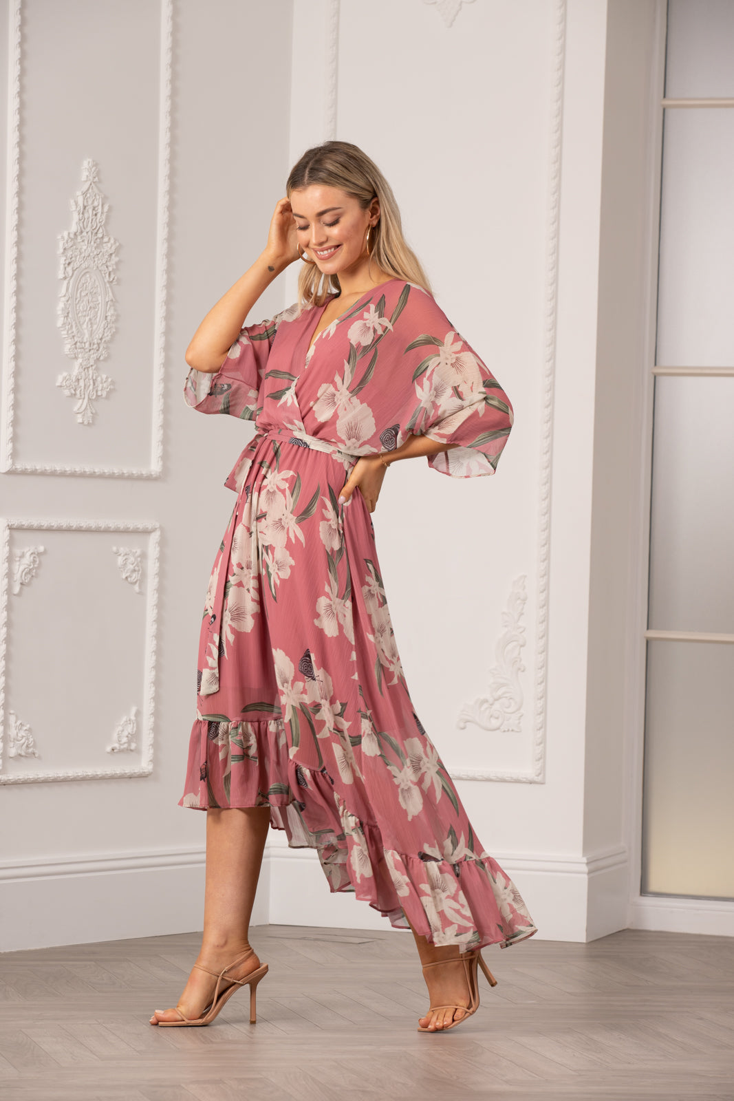 Peach Floral Kimono Sleeves Dip Hem Wrap Midi Dress Yumi Peach 6