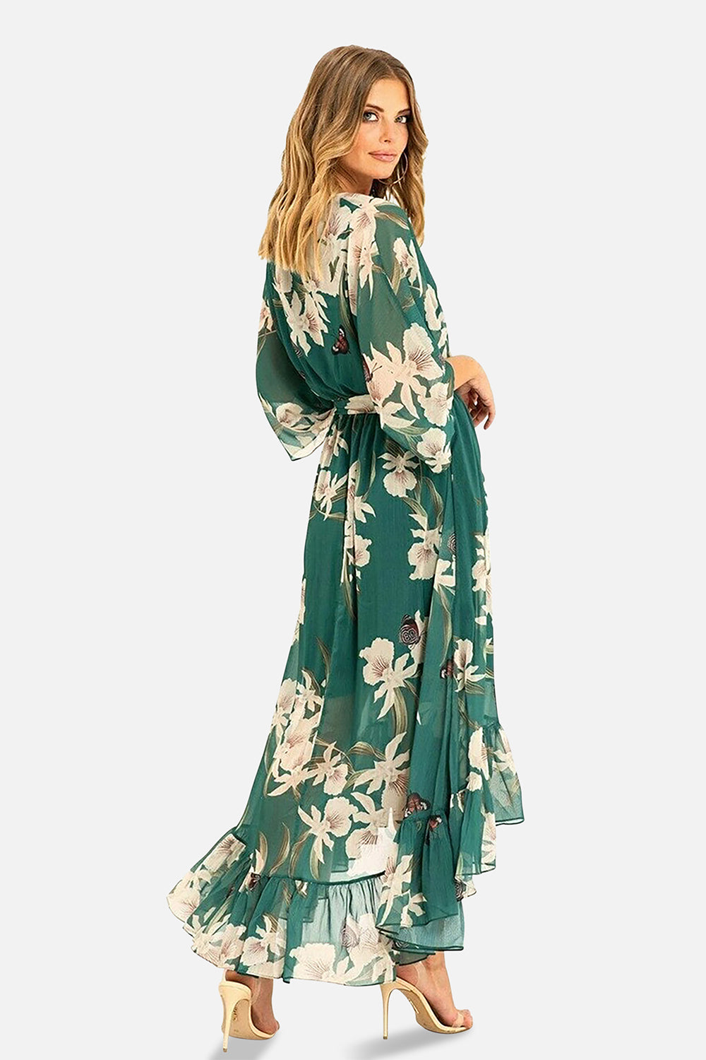 Green Floral Kimono Sleeves Dip Hem Wrap Midi Dress Dresses Yumi