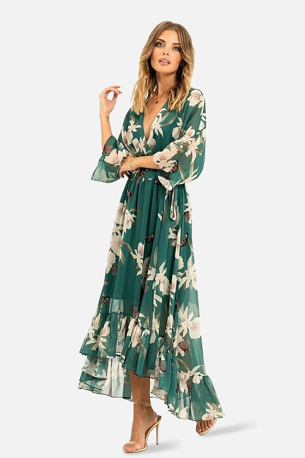 Green Floral Kimono Sleeves Dip Hem Wrap Midi Dress Dresses Yumi