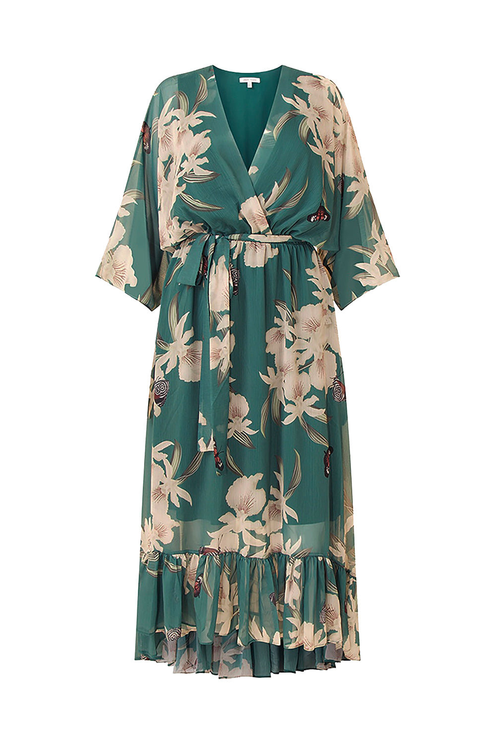 Green Floral Kimono Sleeves Dip Hem Wrap Midi Dress Dresses Yumi