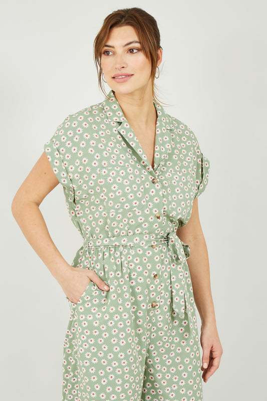 Yumi Green Daisy Print Jumpsuit Yumi