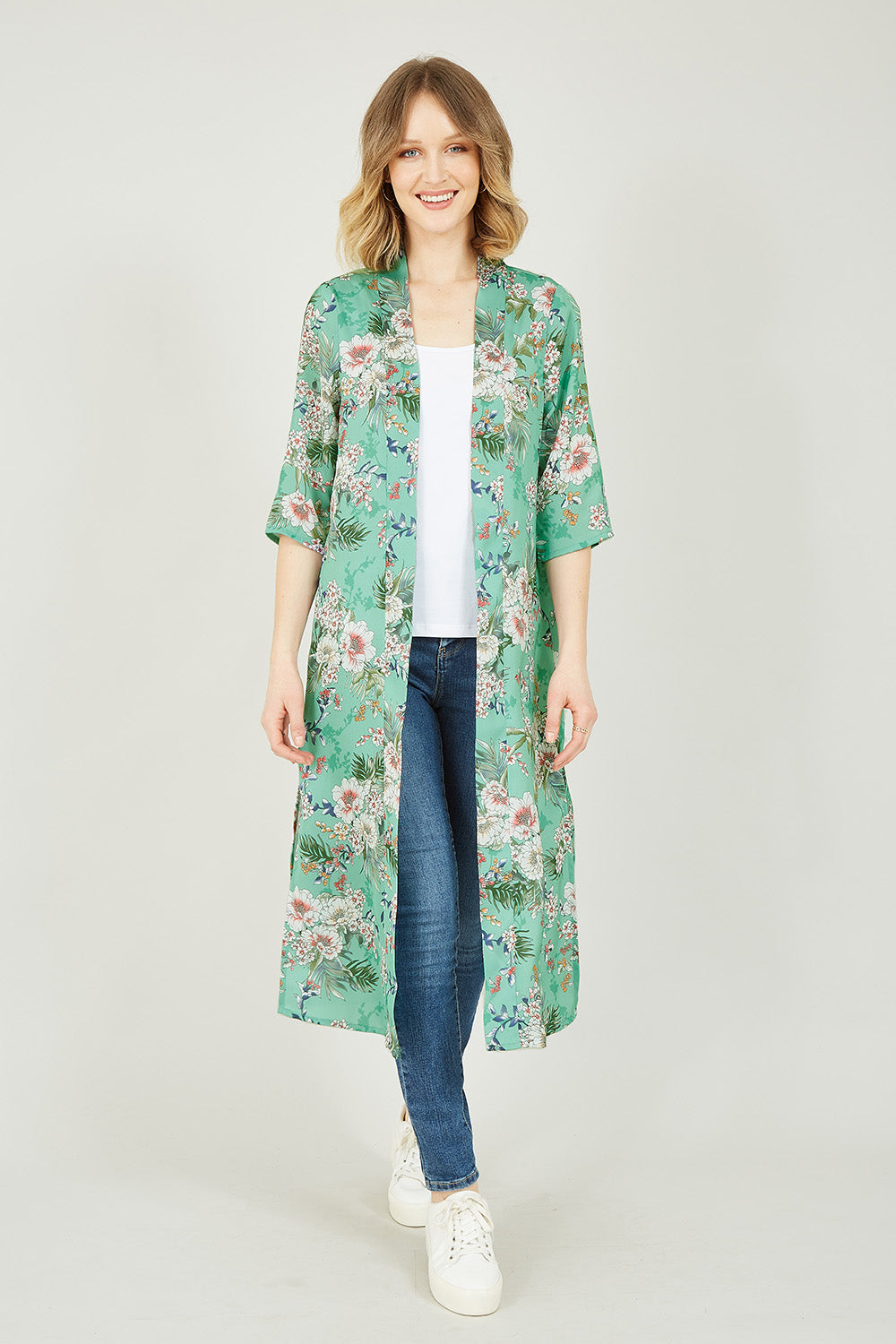 Sage Green Tropical Palm Print Kimono Yumi