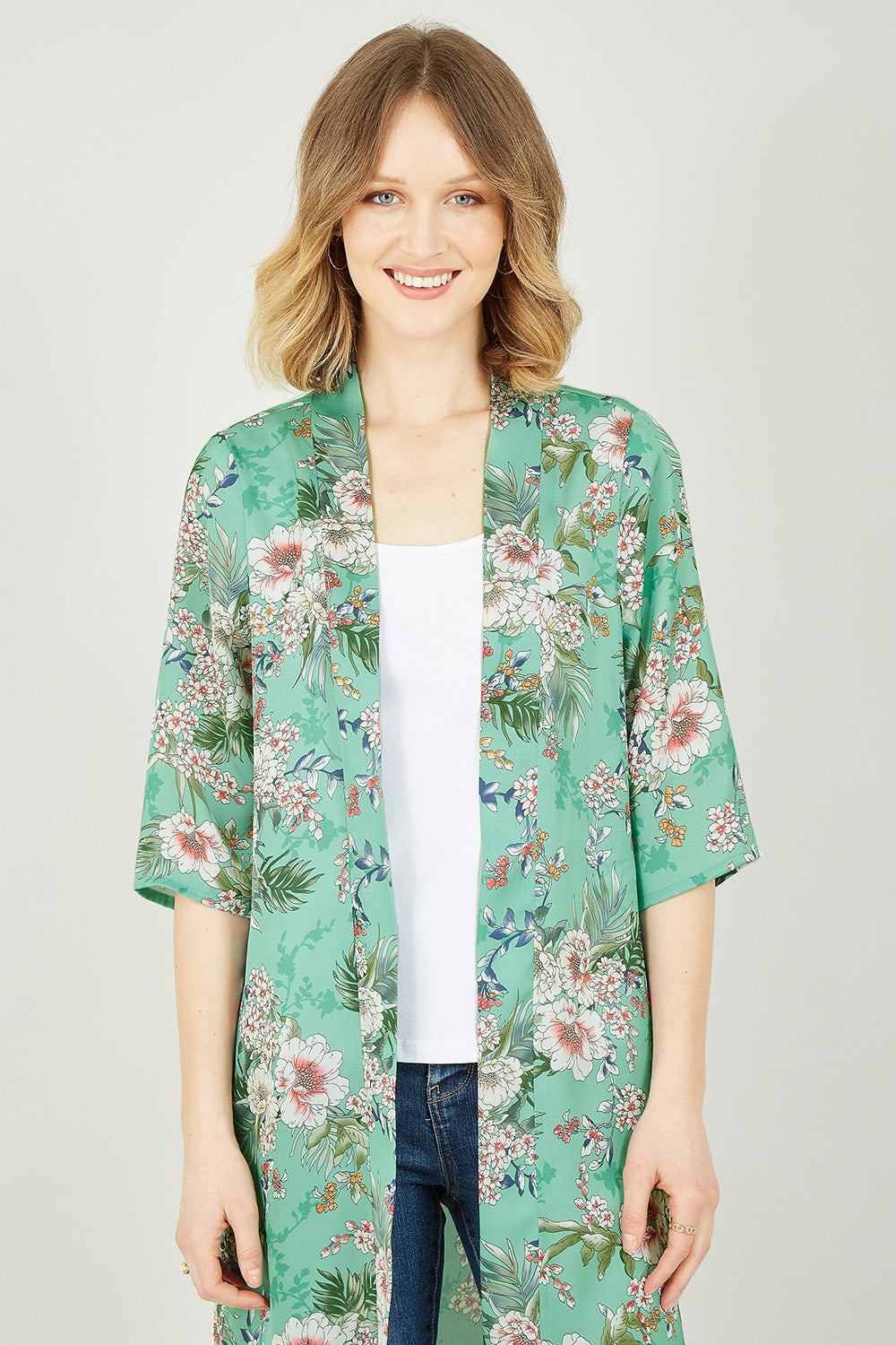 Sage Green Tropical Palm Print Kimono Yumi