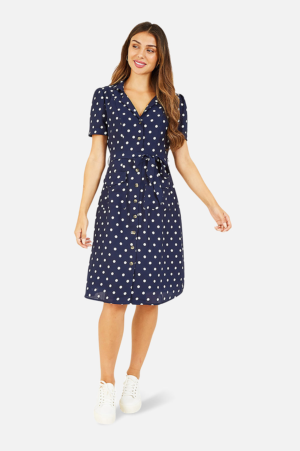 Navy Spot Retro Shirt Dress Yumi