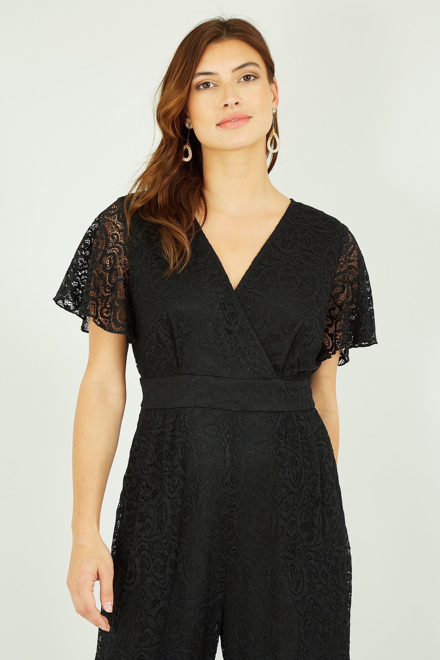 Yumi Black Angel Sleeve Lace Jumpsuit With Pockets Yumi