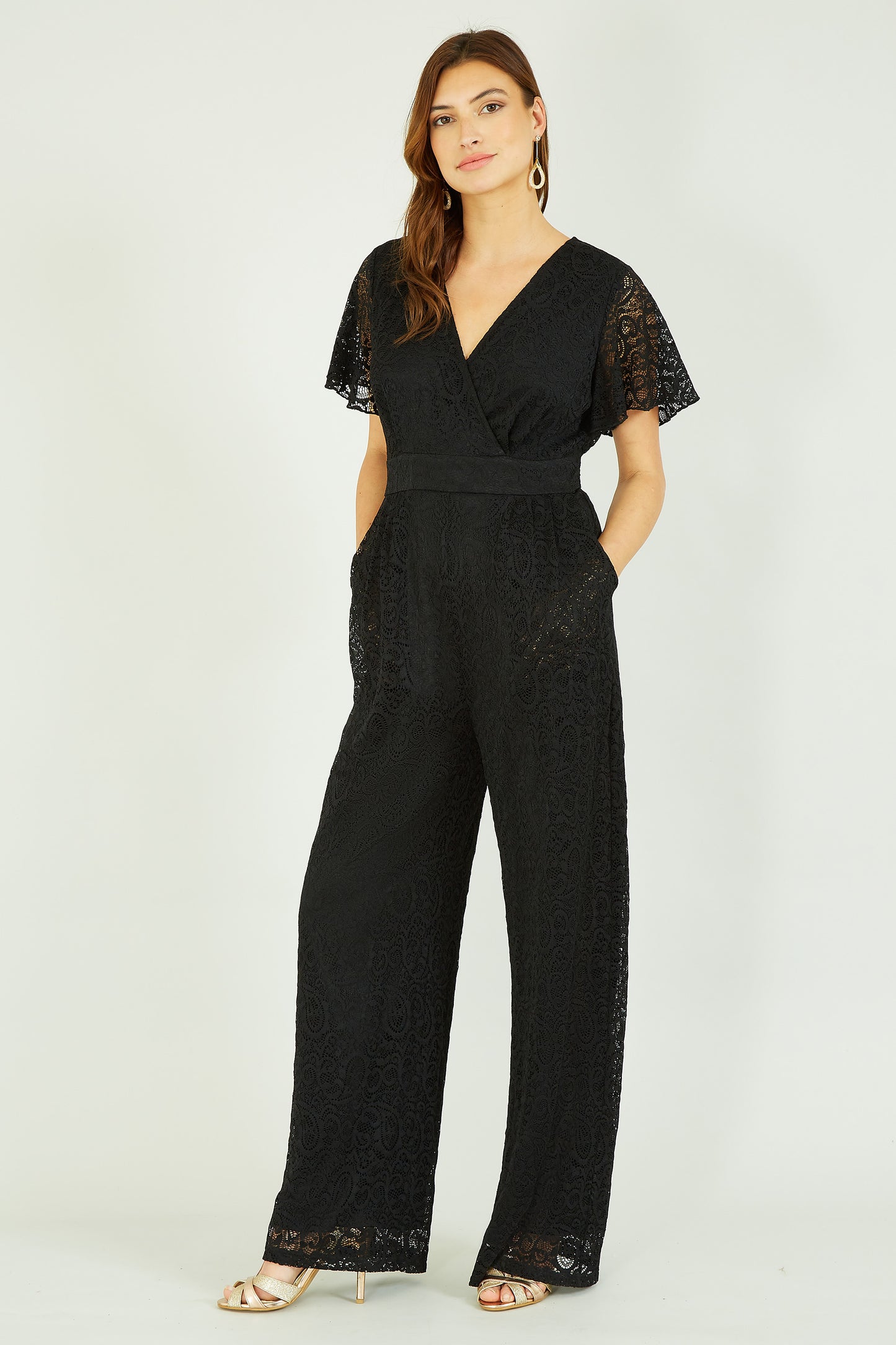 Yumi Black Angel Sleeve Lace Jumpsuit With Pockets Yumi