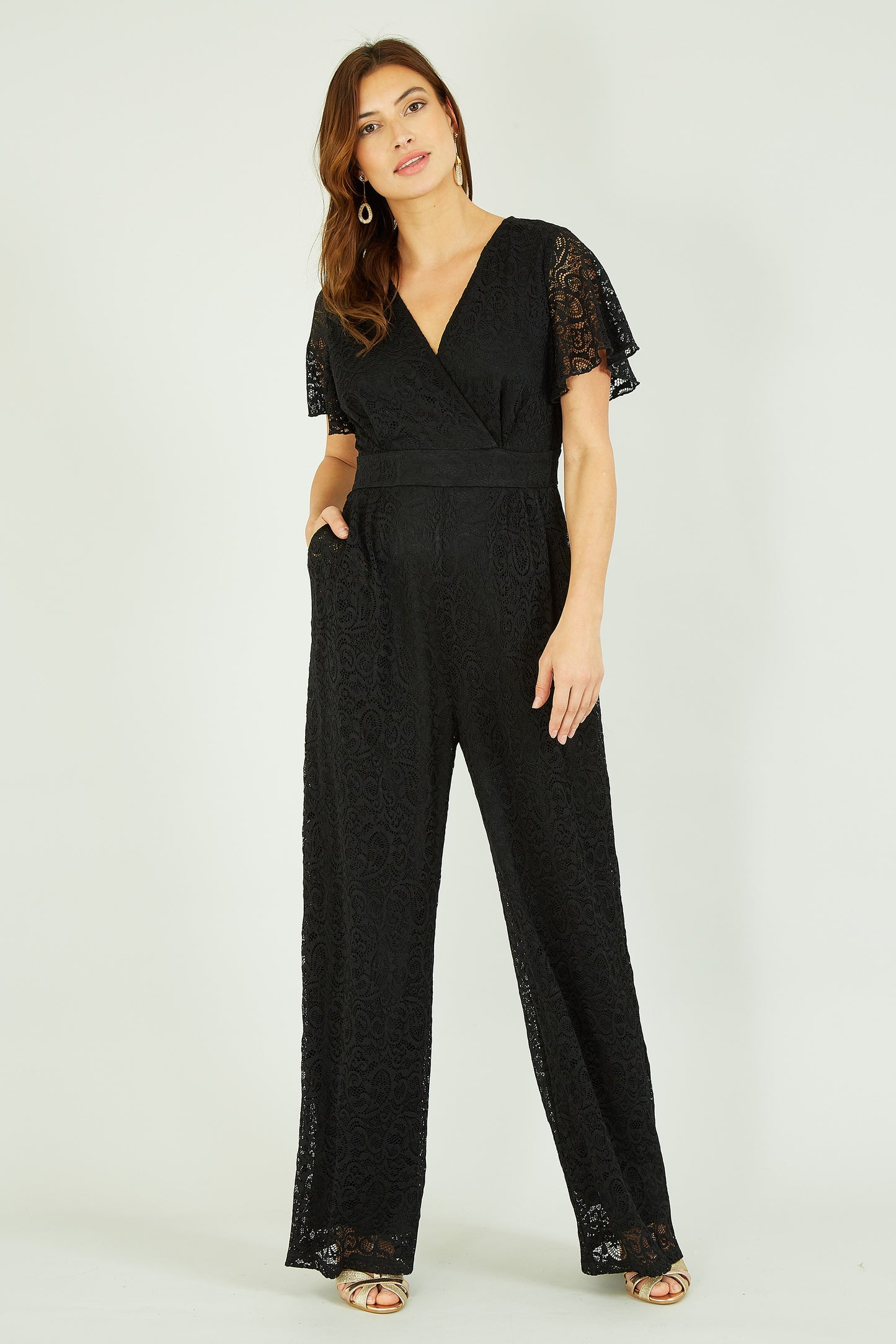 Yumi Black Angel Sleeve Lace Jumpsuit With Pockets Yumi