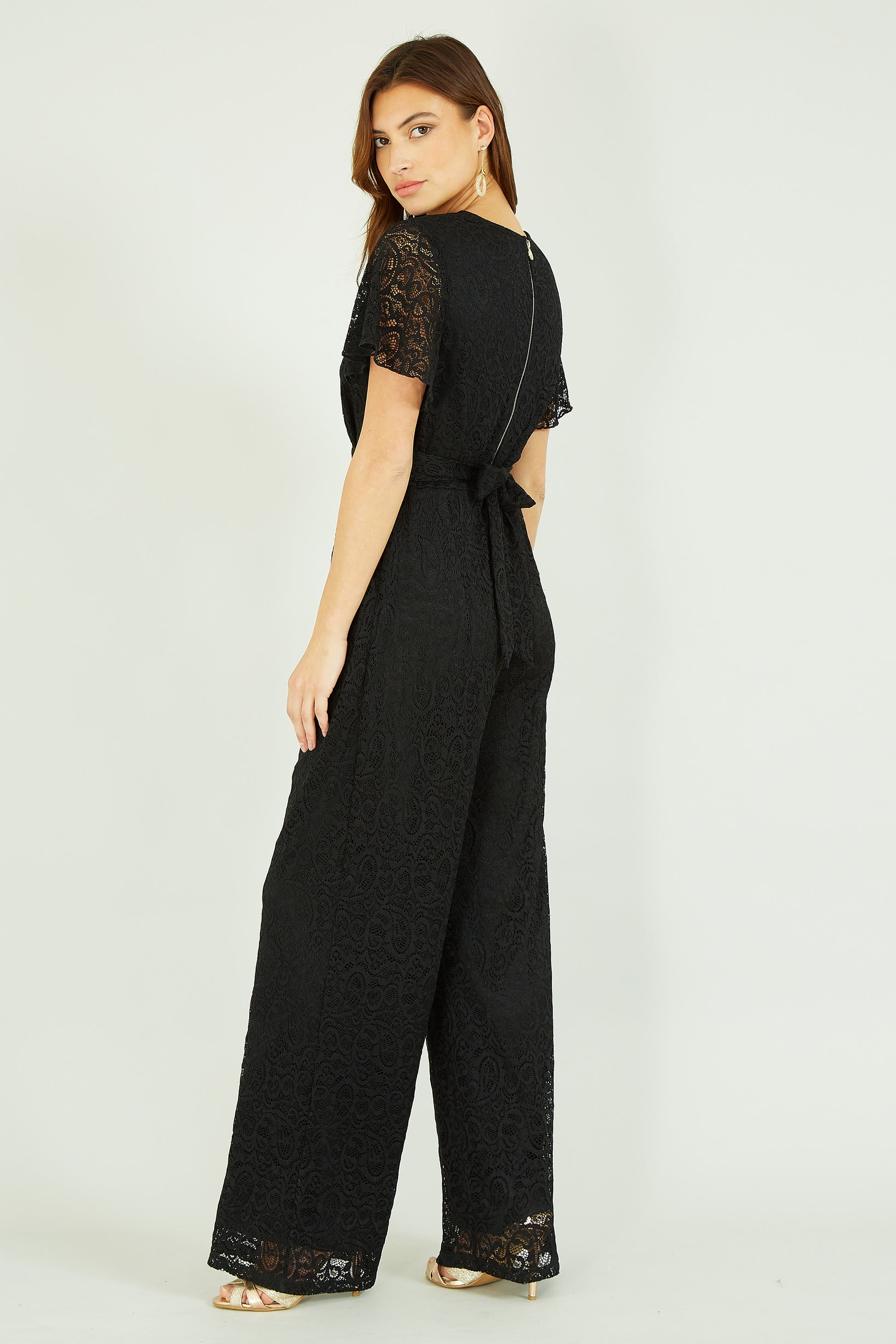 Yumi Black Angel Sleeve Lace Jumpsuit With Pockets Yumi