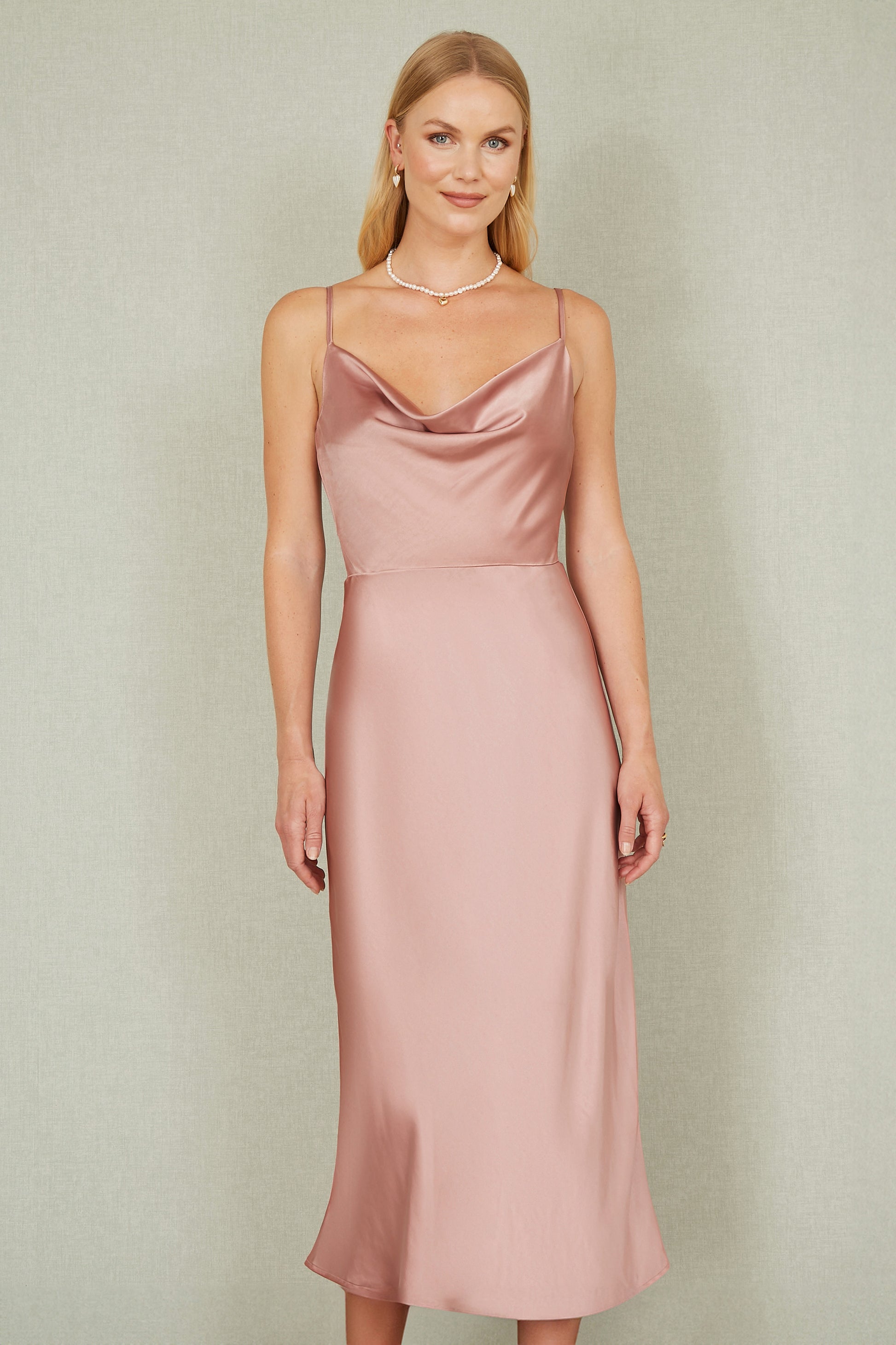 Yumi Rose Pink Satin Cowl Neck Midi Slip Dress Occasionwear Yumi