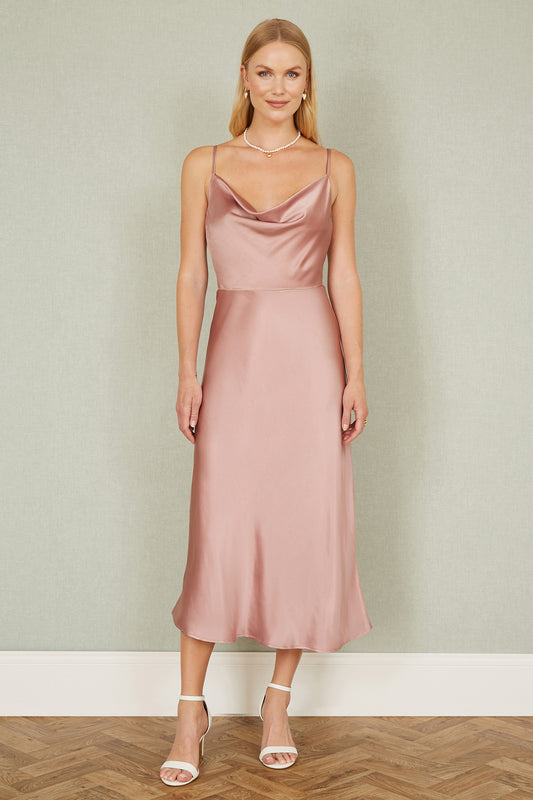 Yumi Rose Pink Satin Cowl Neck Midi Slip Dress Occasionwear Yumi