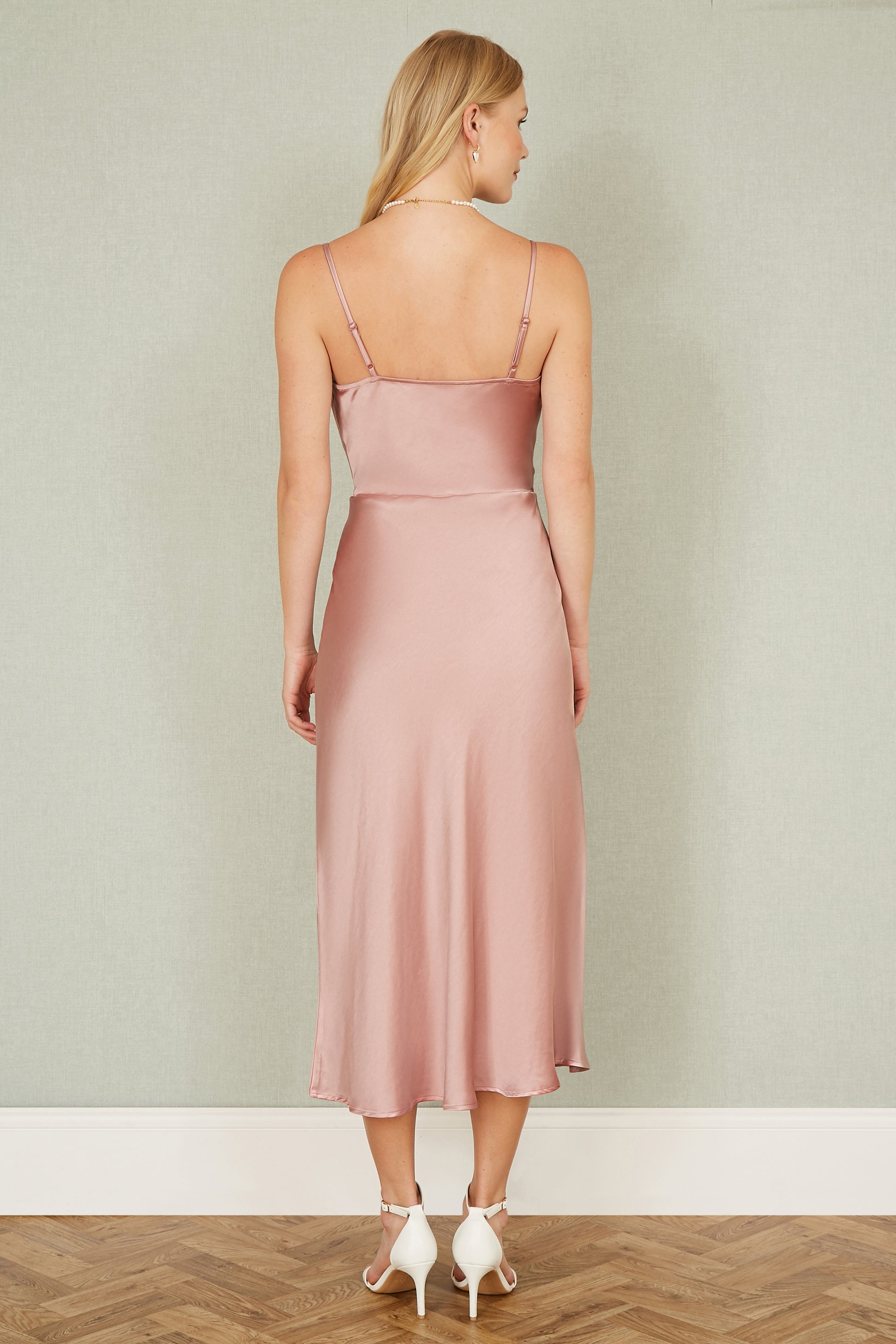 Yumi Rose Pink Satin Cowl Neck Midi Slip Dress Occasionwear Yumi