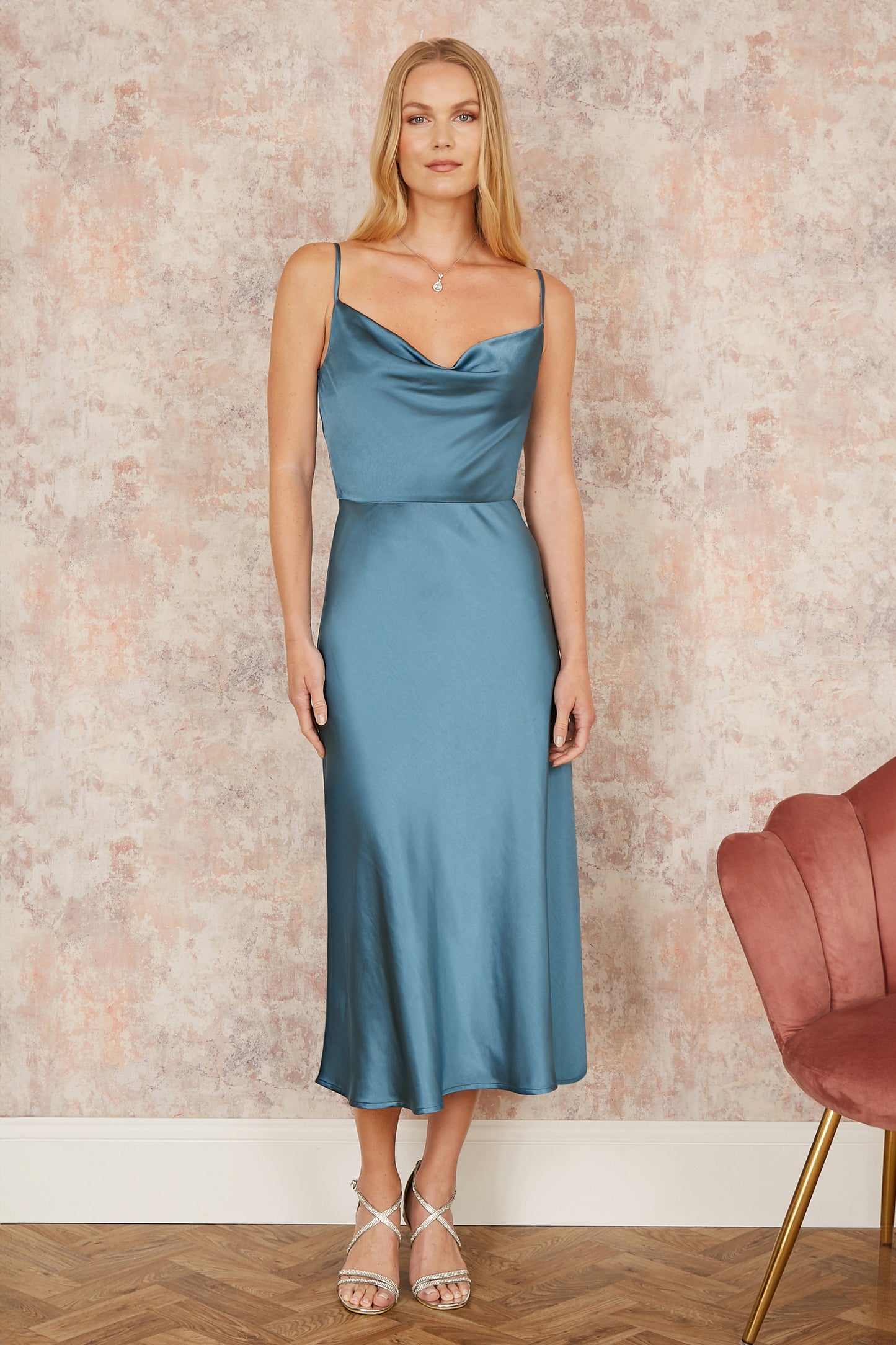 Yumi Blue Satin Cowl Neck Midi Slip Dress Occasionwear Yumi