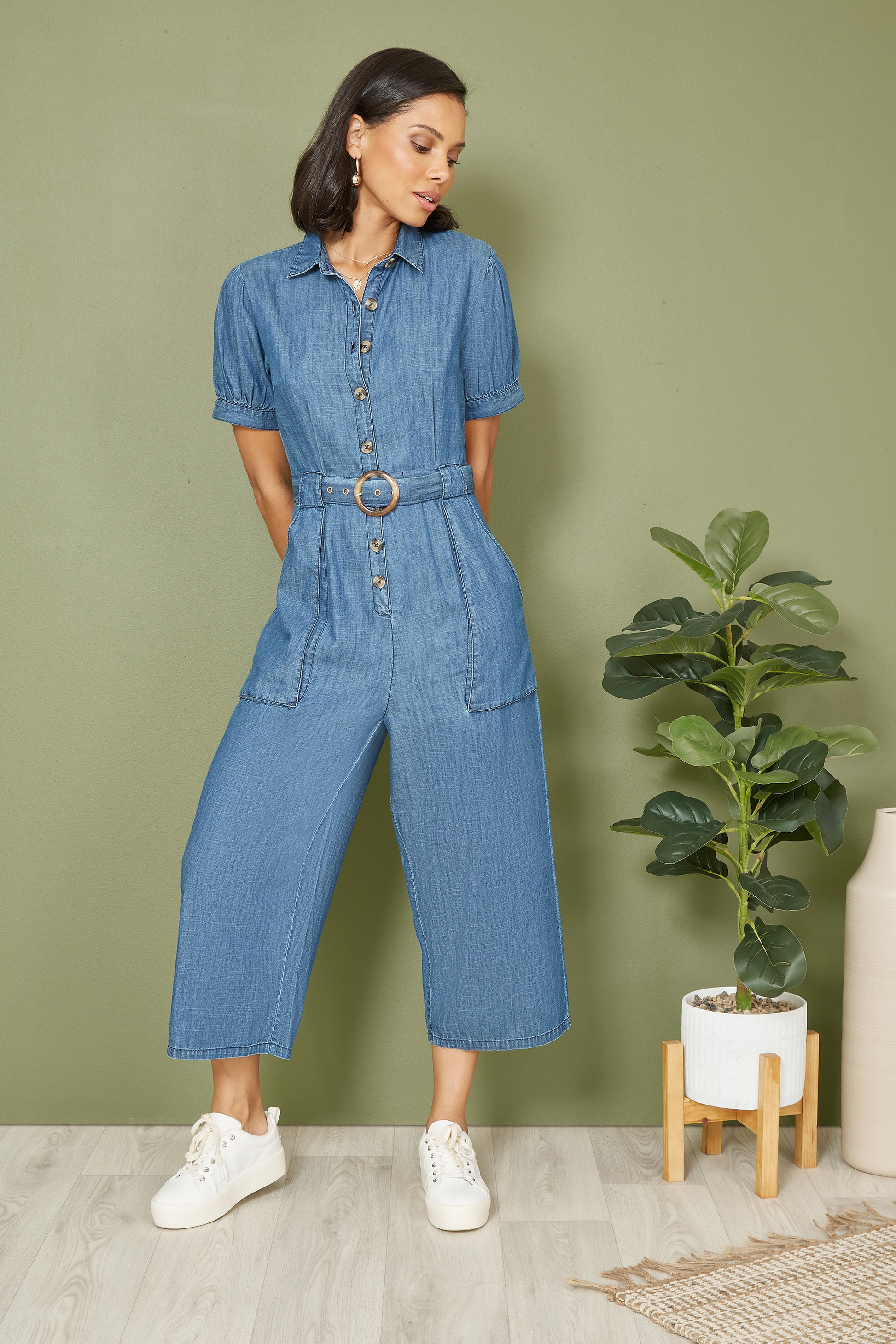 Yumi Blue Cotton Chambray Button Up Jumpsuit JUMPSUIT Yumi