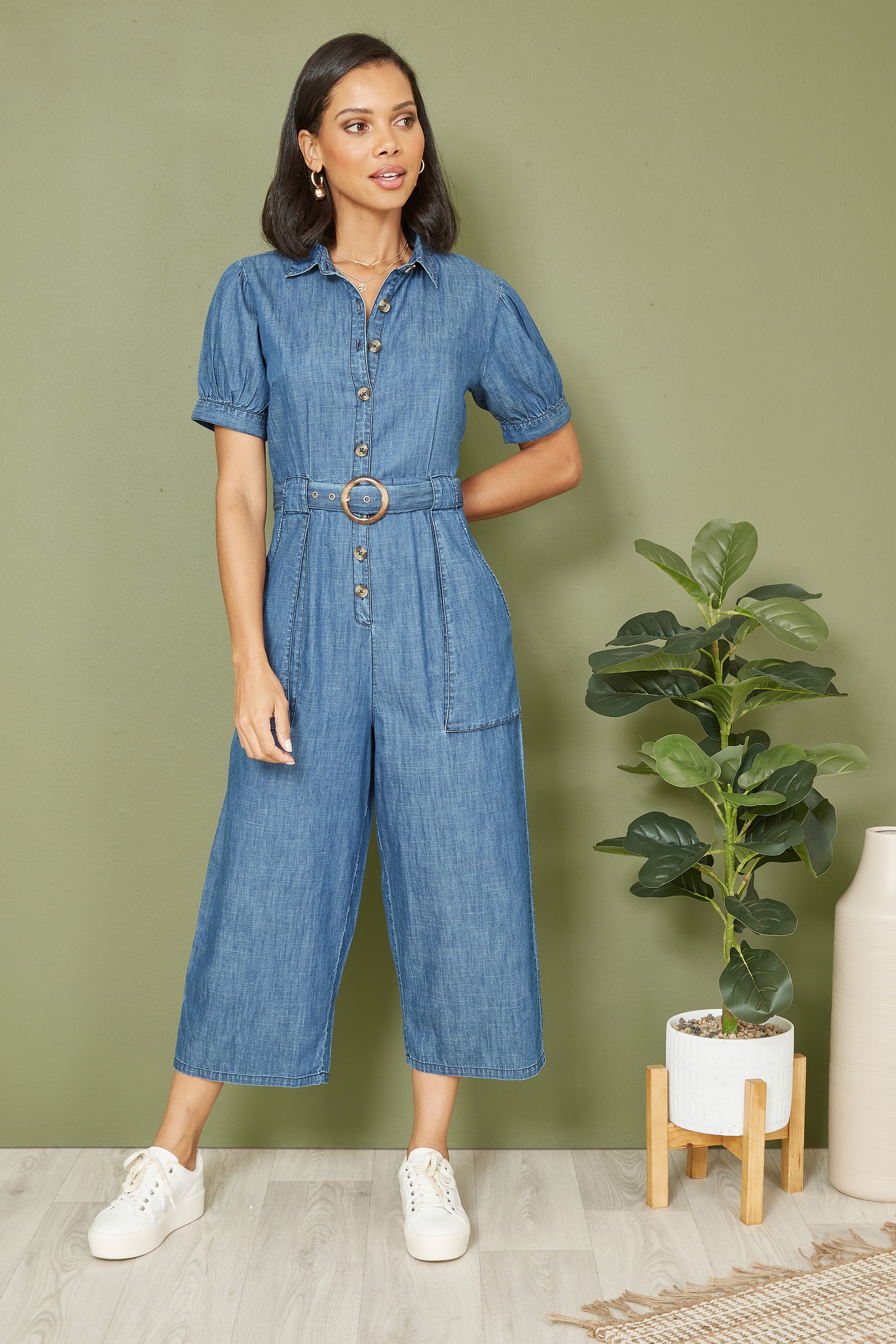 Yumi Blue Cotton Chambray Button Up Jumpsuit JUMPSUIT Yumi