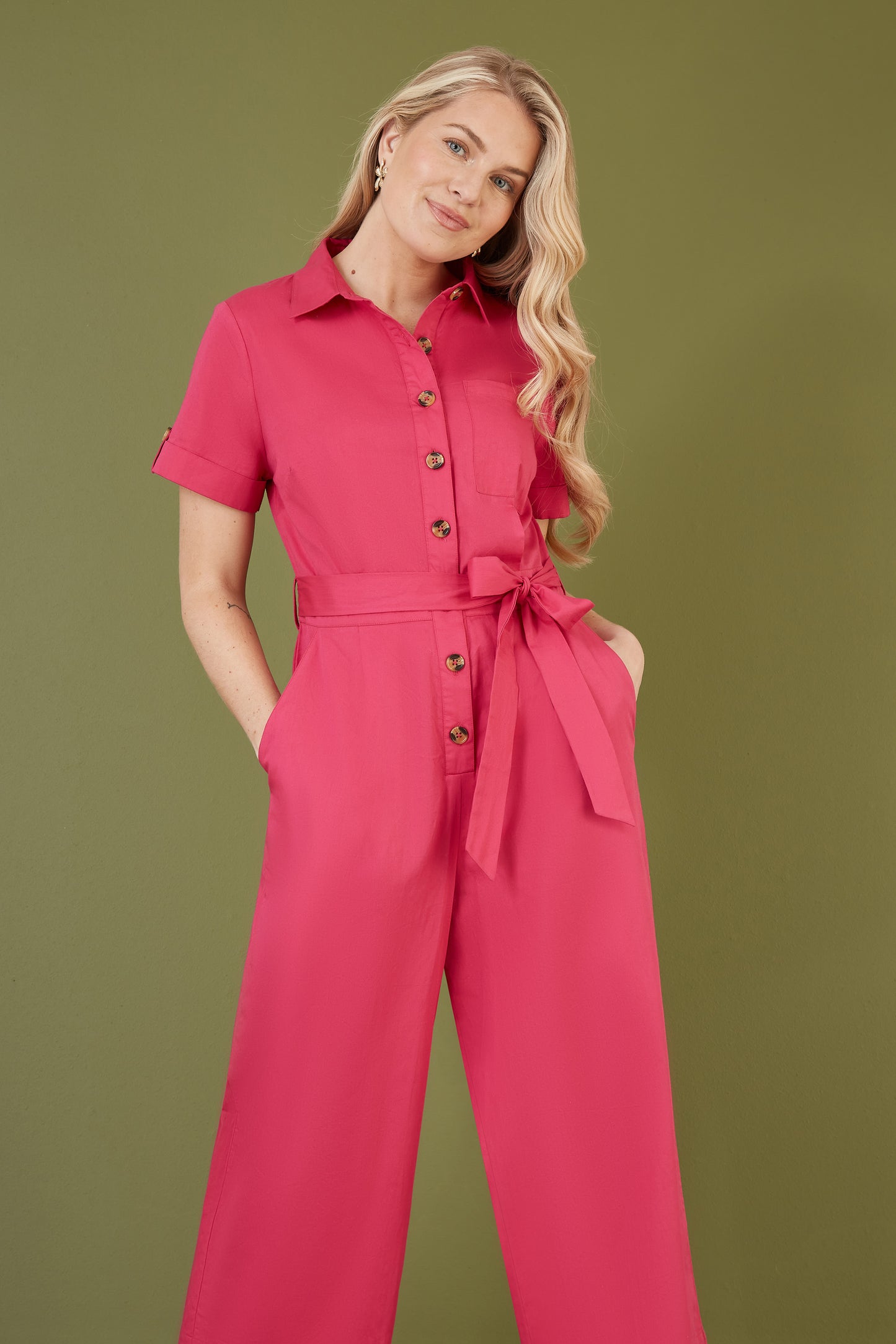 Yumi Pink Viscose Twill Button Up Utility Style Jumpsuit