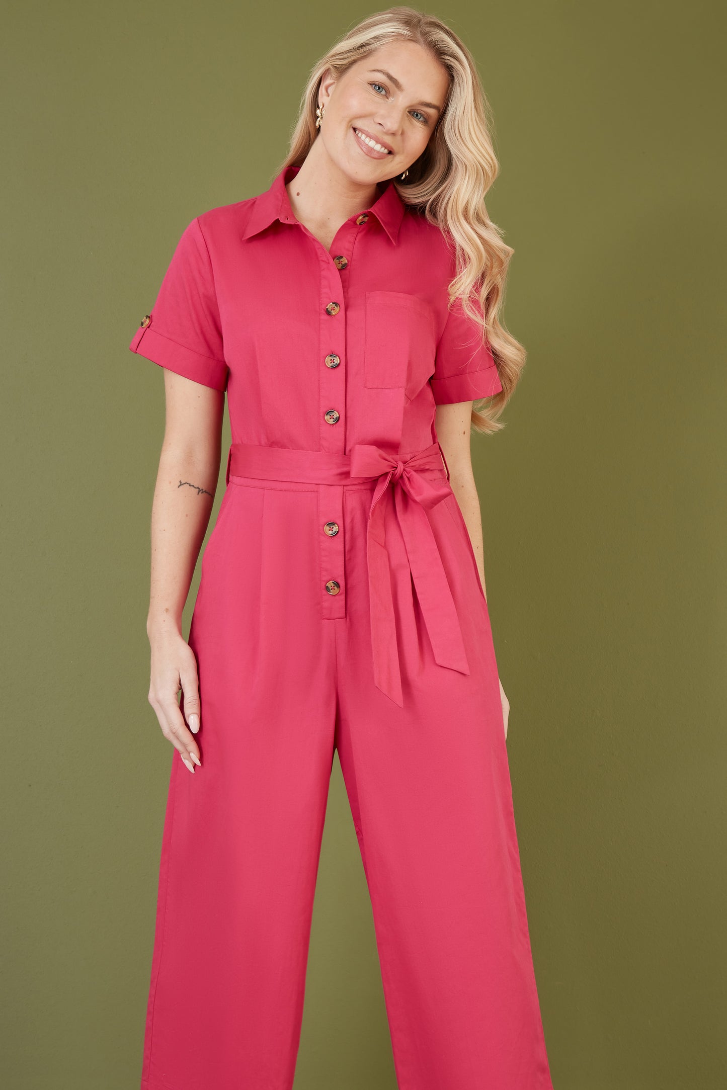 Yumi Pink Viscose Twill Button Up Utility Style Jumpsuit